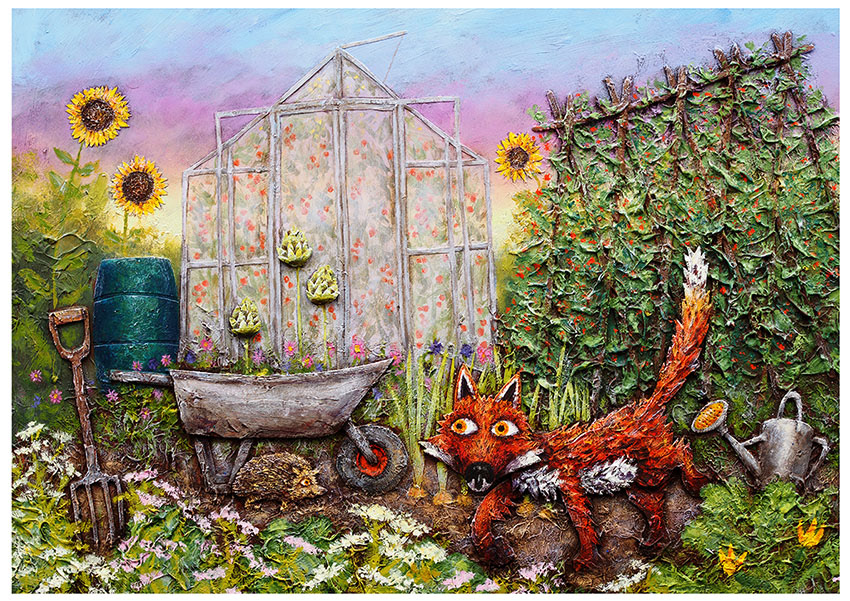A fox walks through the vegtable garden, its early morning and the sun is about to rise. There's a greenhouse a wheel barrow and a hedgehog in the painting too