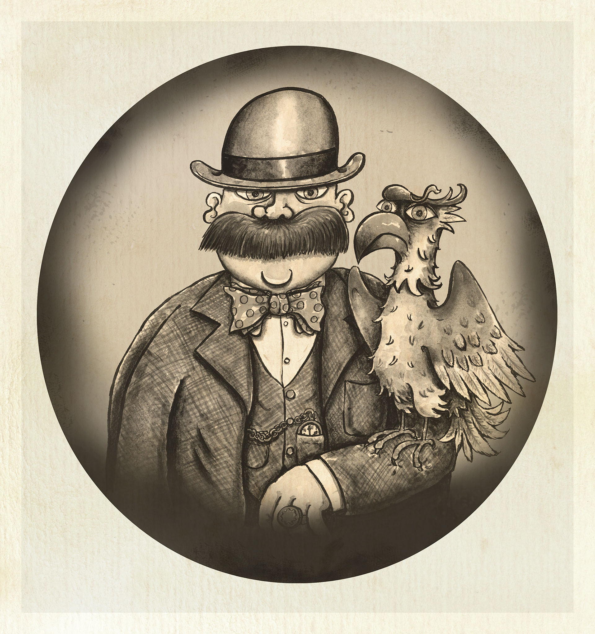 llustration of a man with a big moustache, a bowler hat and a bird of prey in sepia toned black and white, a bit like a gangsters henchmen 