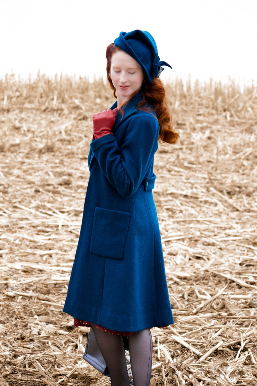 1940s tailored wool coat and matching hat made based on images from extant patterns from the 40s. Enquire for Bespoke Fitted tailoring pricing.