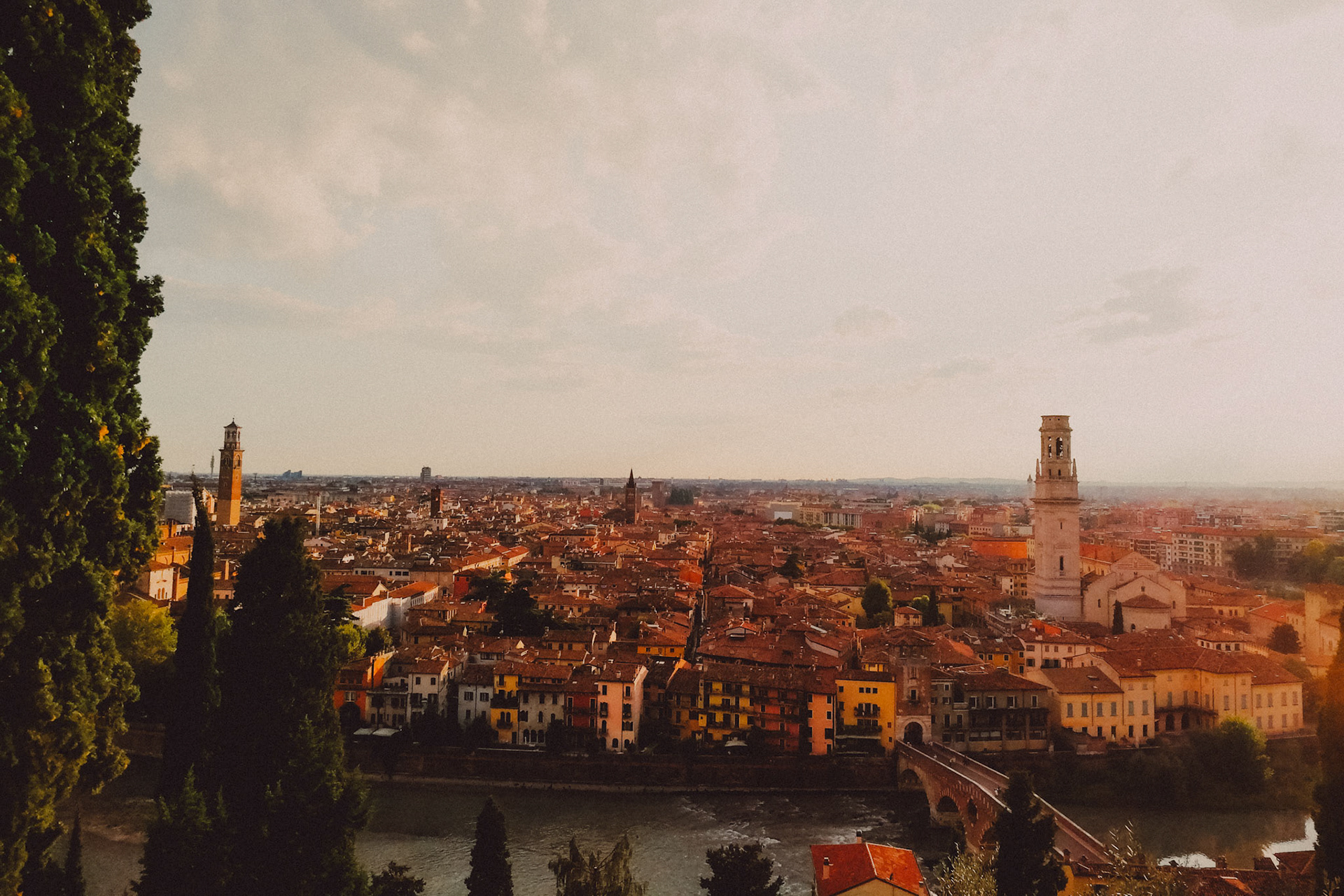 A panoramic city view of Verona from Punto panoramico Castel San Pietro, Verona, Italy, September 2017, Huawei Mate 9 Pro.
