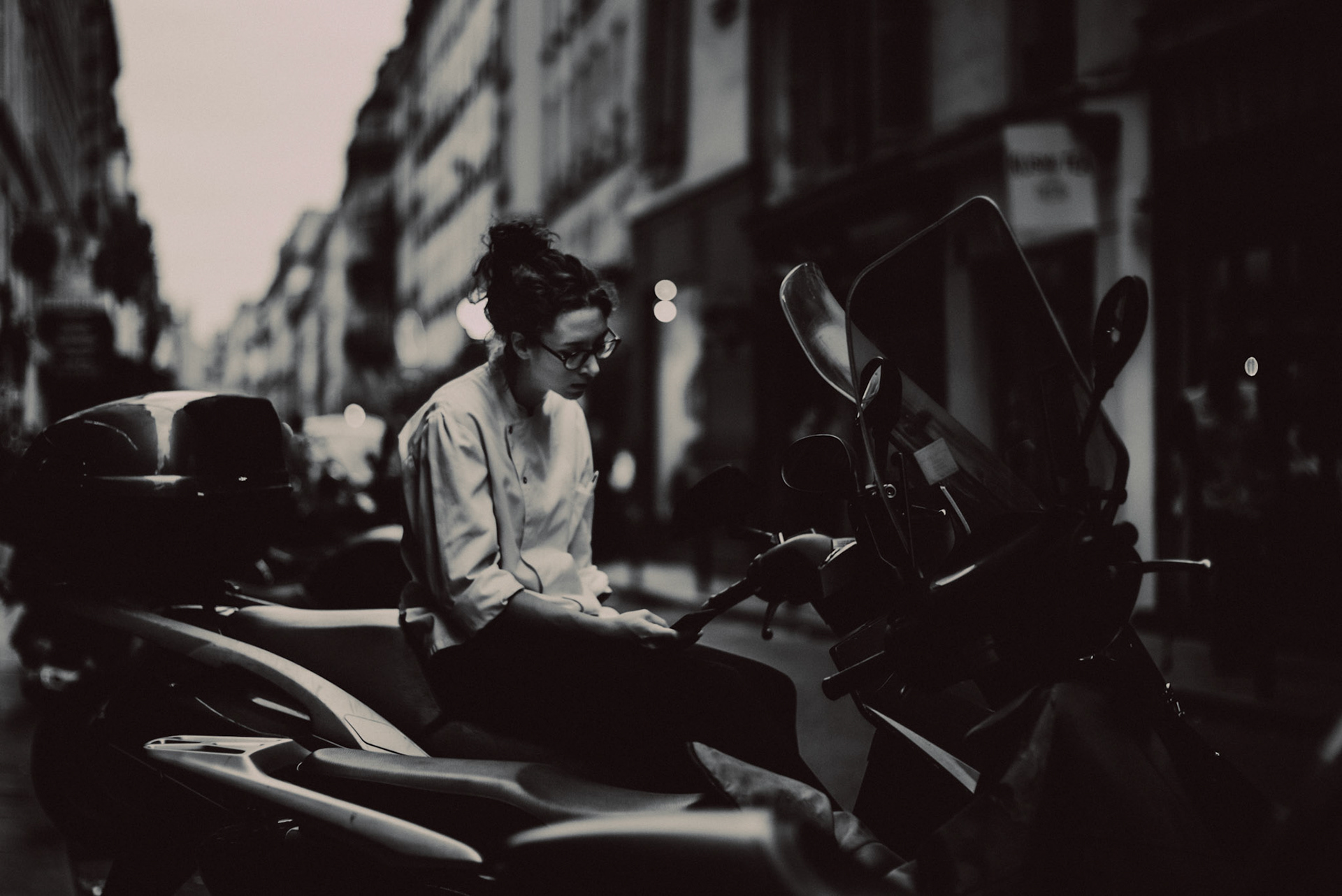 A chef on a break, in black and white, Saint-Germain, Paris, France, September 2017, Leica M.