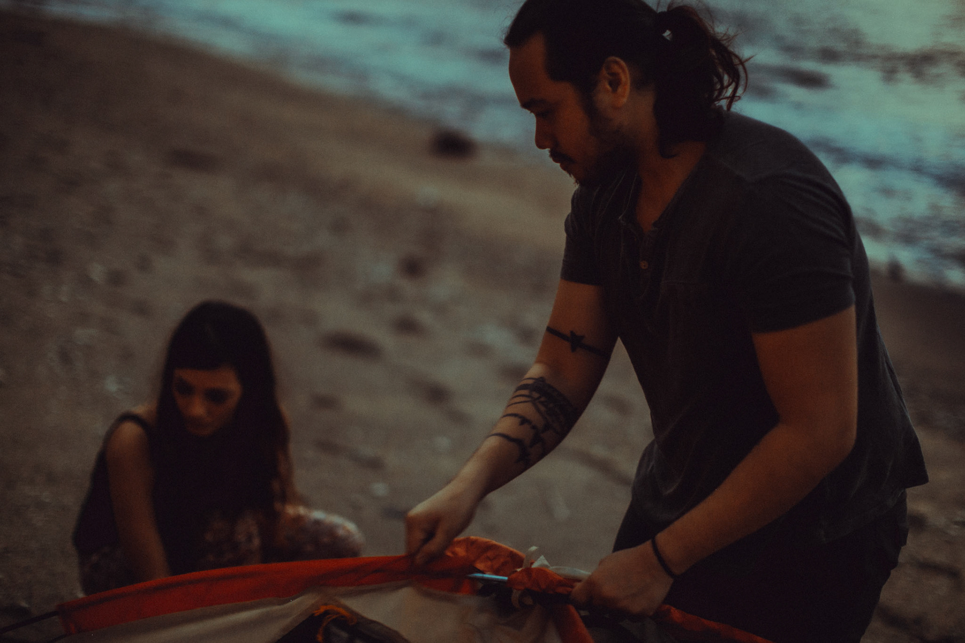 Couple portraits on a beach with a campfire and tent setup, Basco, Batanes, Philippines, Southeast Asia, November 2014, Canon EOS 6D.