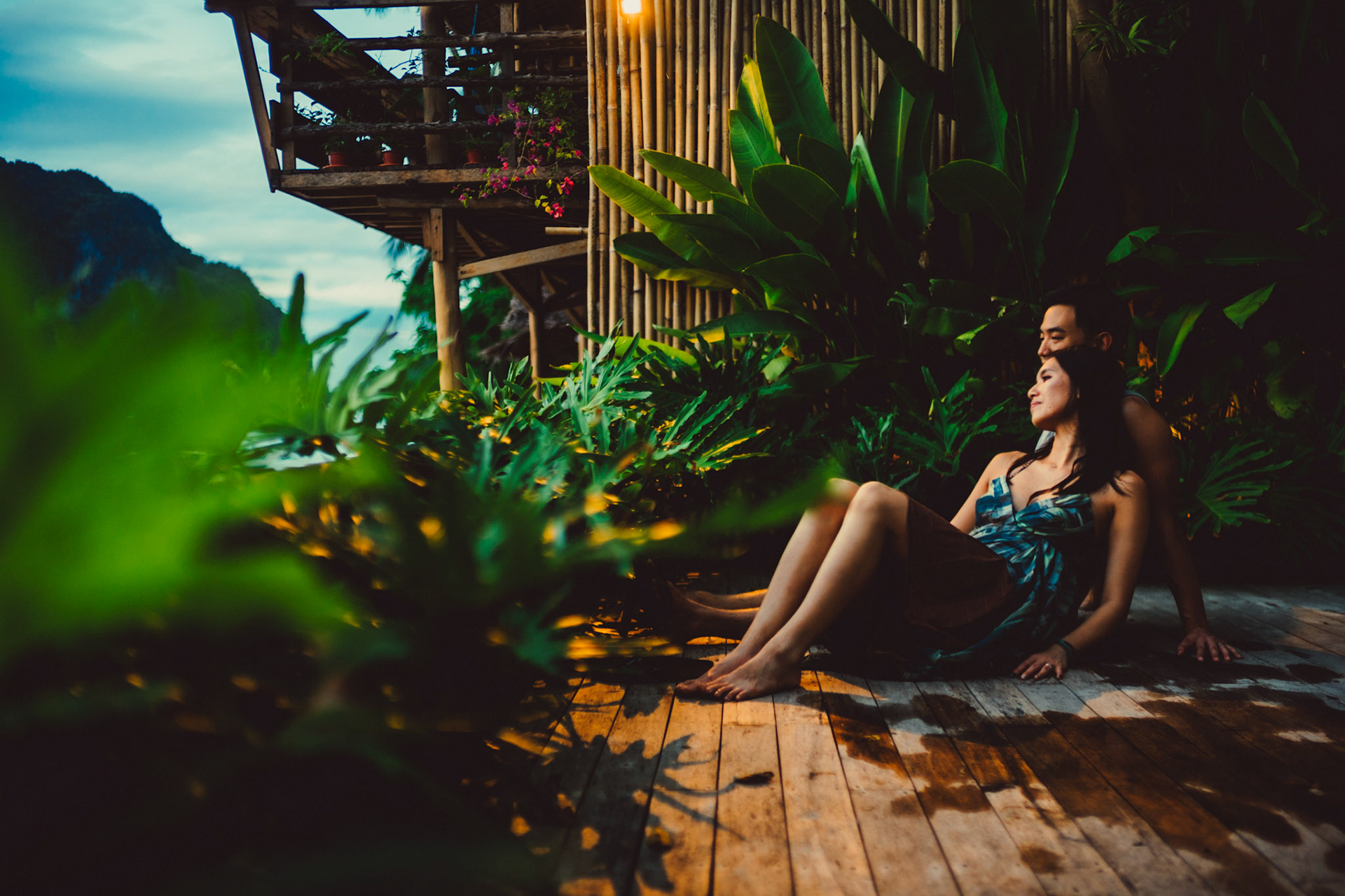 At Frangipani El Nido's poolside moments before an overcast sunset, from George and Allie's honeymoon portrait shoot, Corong-Corong Beach, El Nido, Palawan, Philippines, Southeast Asia, December 2018, Sony A7III