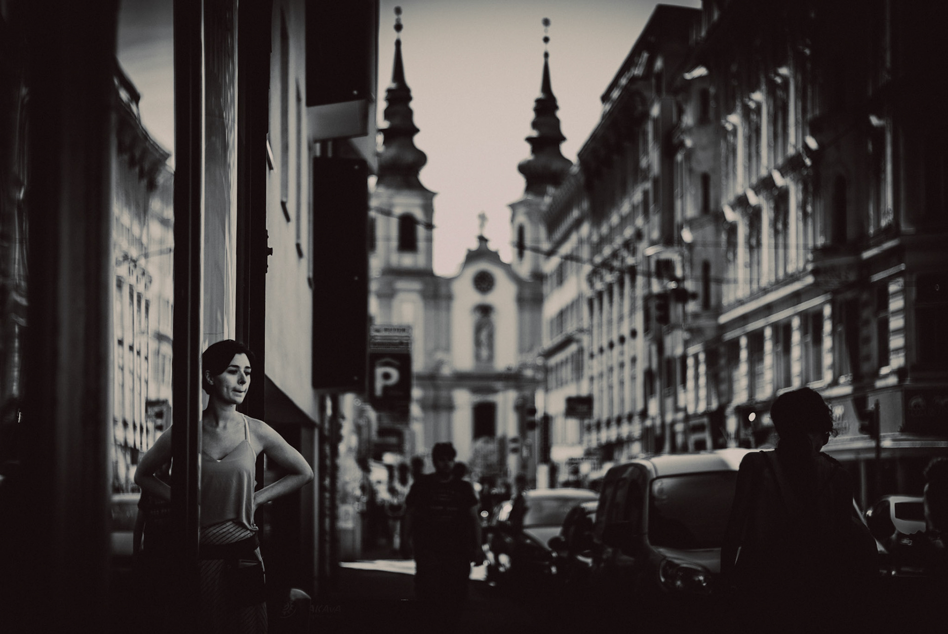A shopkeeper at Neubau, in black and white, Vienna, Austria, July 2016, Leica M.