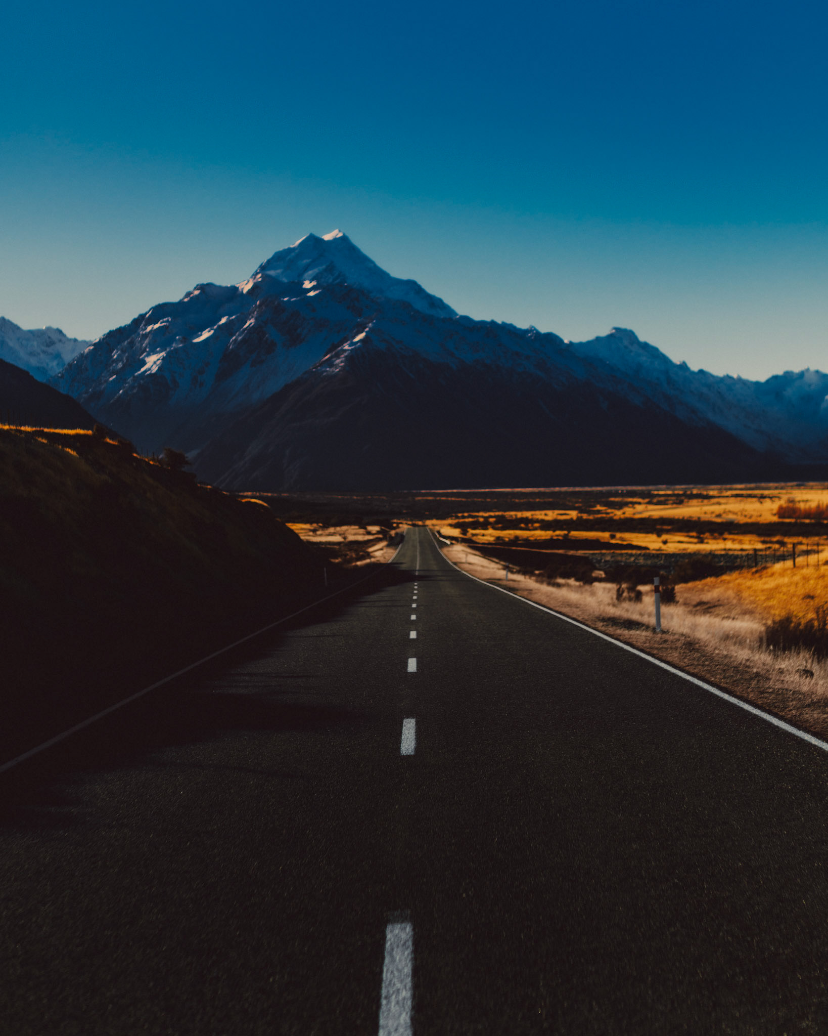 Mount Cook's prominent peak from a lonely road, Canterbury, New Zealand, June 2017, Sony A7RII.