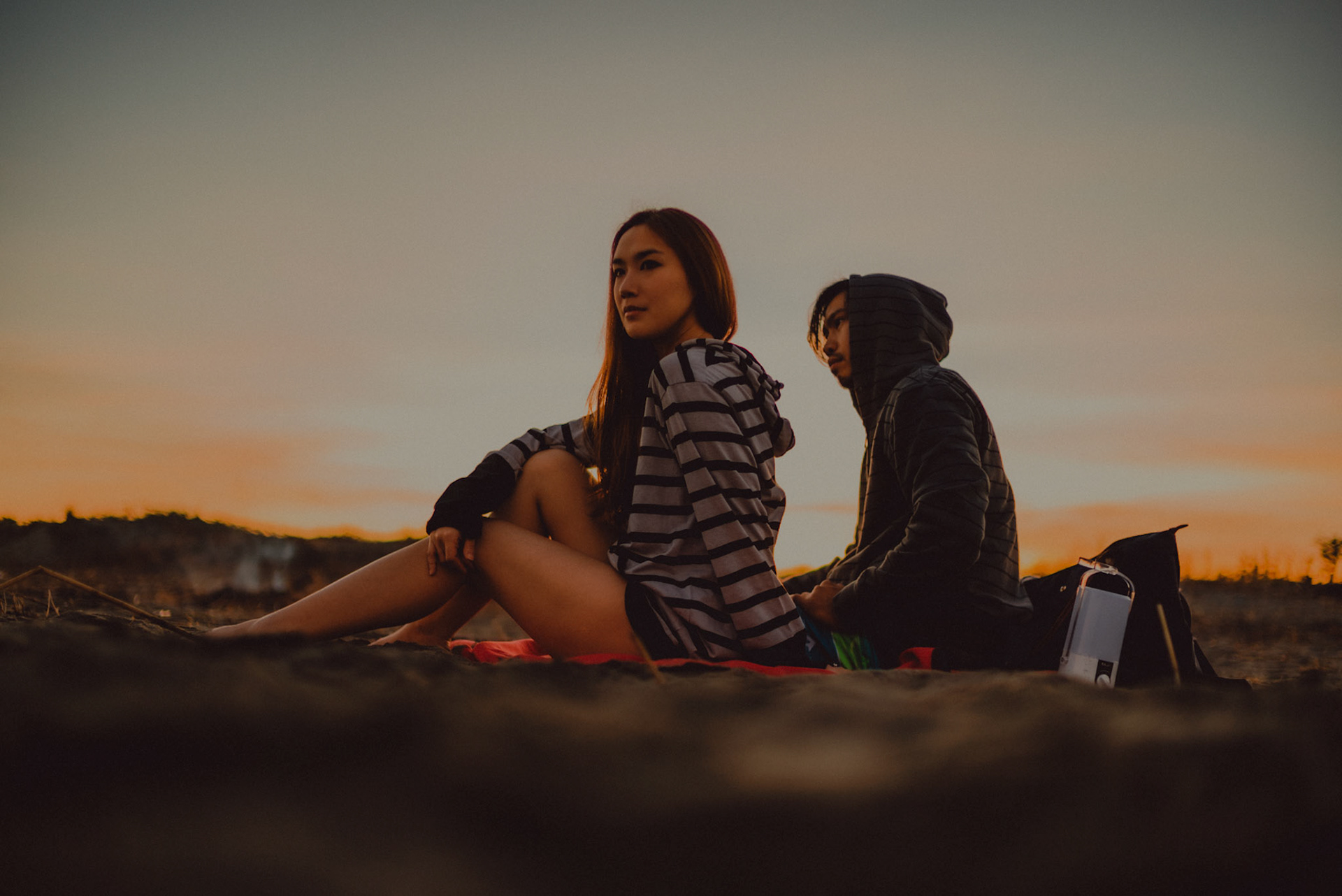 Moody beach camping photos at dusk, from Koke and Pam's chill and outdoorsy prenup photoshoot in Bonuan Beach, Dagupan, Pangasinan, Philippines, Southeast Asia, November 2015, Sony A7S.