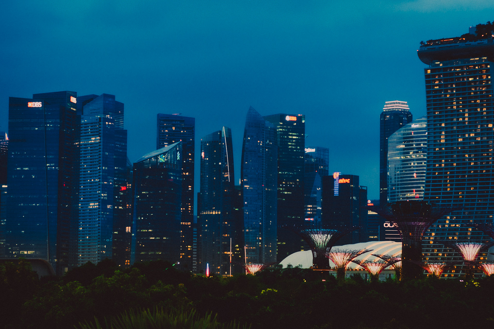 Travel photos of Singapore: Kites flying above the Singapore skyline, shortly before sunset. Marina Barrage, Singapore. March 2019.