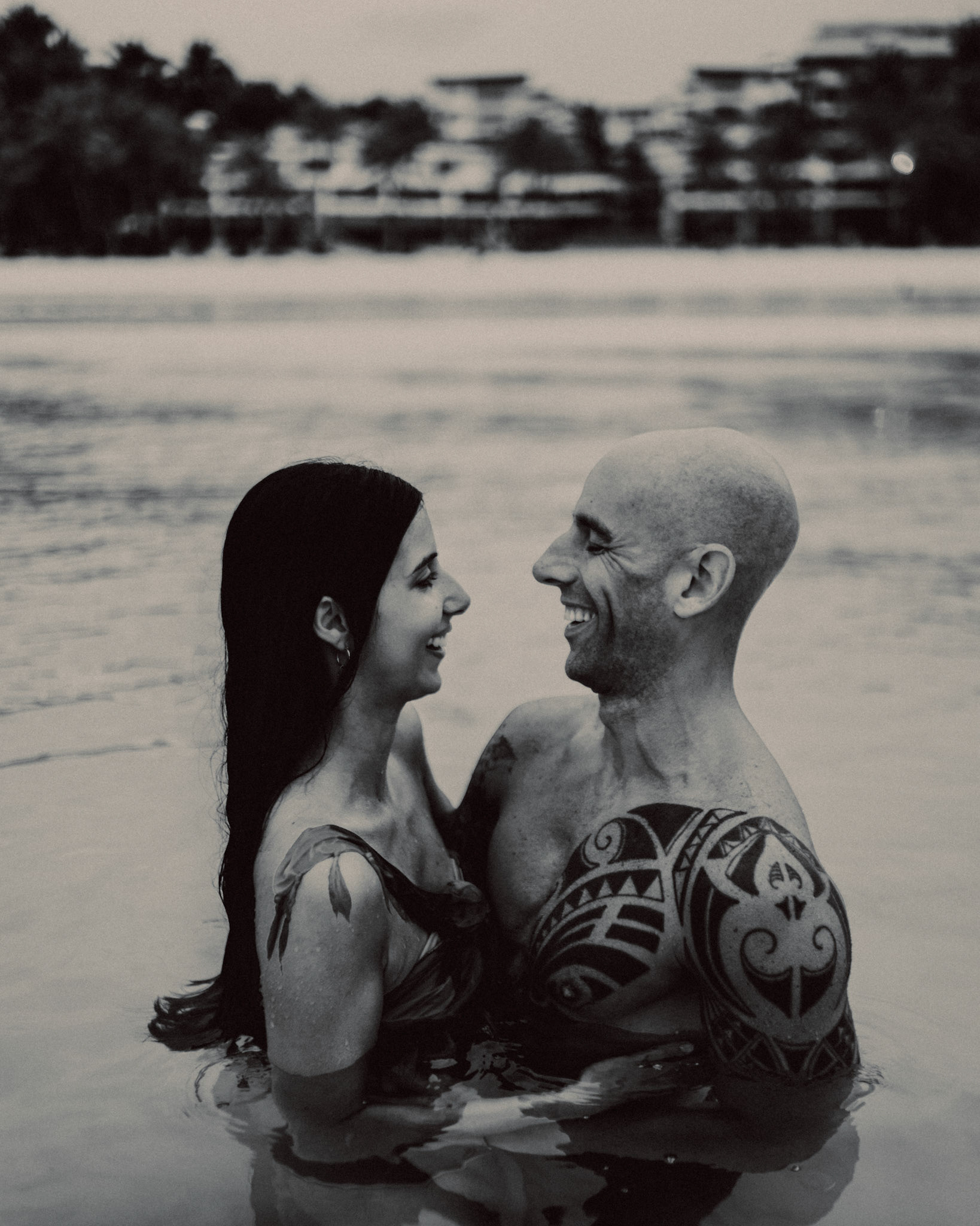 Destination couple portraits at White Beach Station 1, in black and white, shot in front of Discovery Shores, Boracay, Philippines, Southeast Asia, December 2018, Sony A7III.
