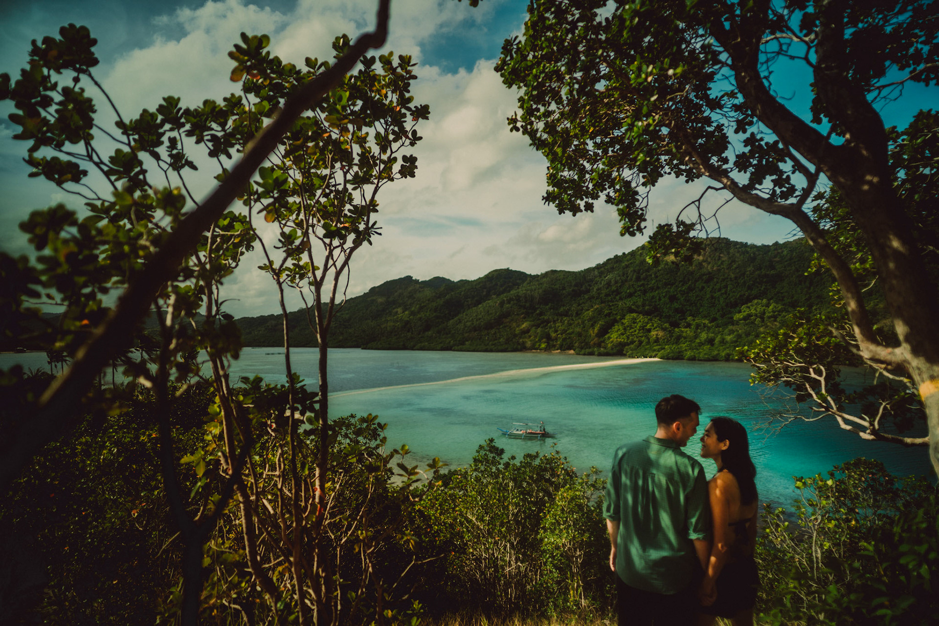 An adventure engagement session, Snake Island sandbar from a hilltop in Vigan Island, El Nido, Palawan, Philippines, Southeast Asia, January 2017, Sony A7RII