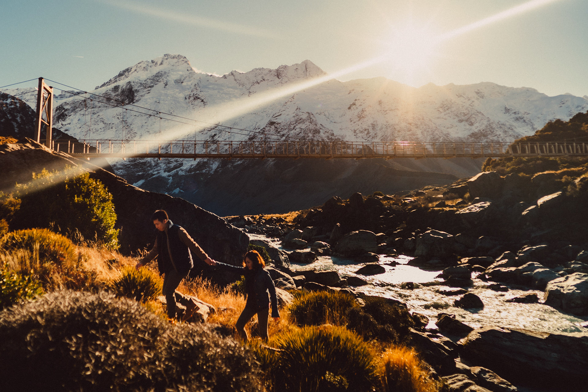 Adventure pre-wedding portraits at Hooker Valley Track and Lake Muller Lookout in Aoraki Mount Cook National Park, New Zealand, June 2017, Sony A7SII.