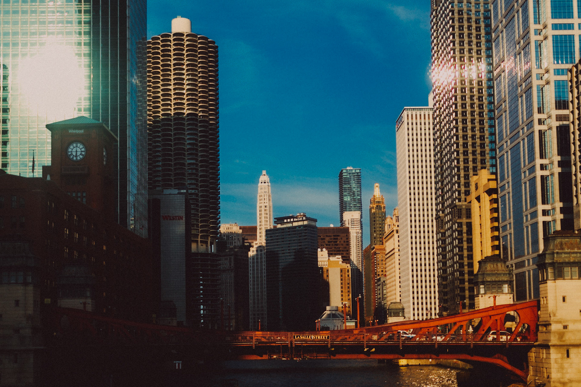 La Salle Street Bridge and The Loop's skyscrapers shot from N Clark St Bridge, Chicago, Illinois, USA, June 2012, Canon EOS 1D MKIV.