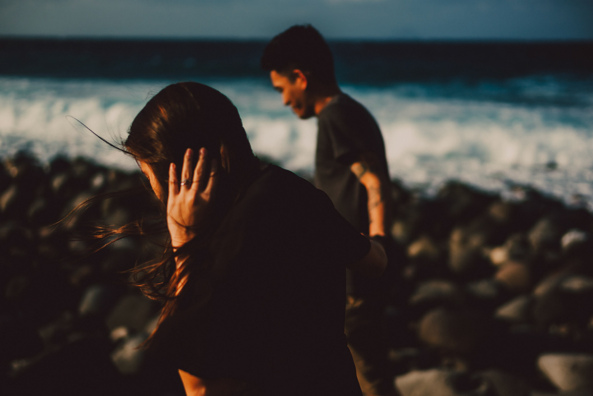 Moody and cinematic couple portraits from Owen and Nikka's adventure prenup photoshoot in Chadpidan Boulder Beach, Batanes, Philippines, October 2017, Leica M.