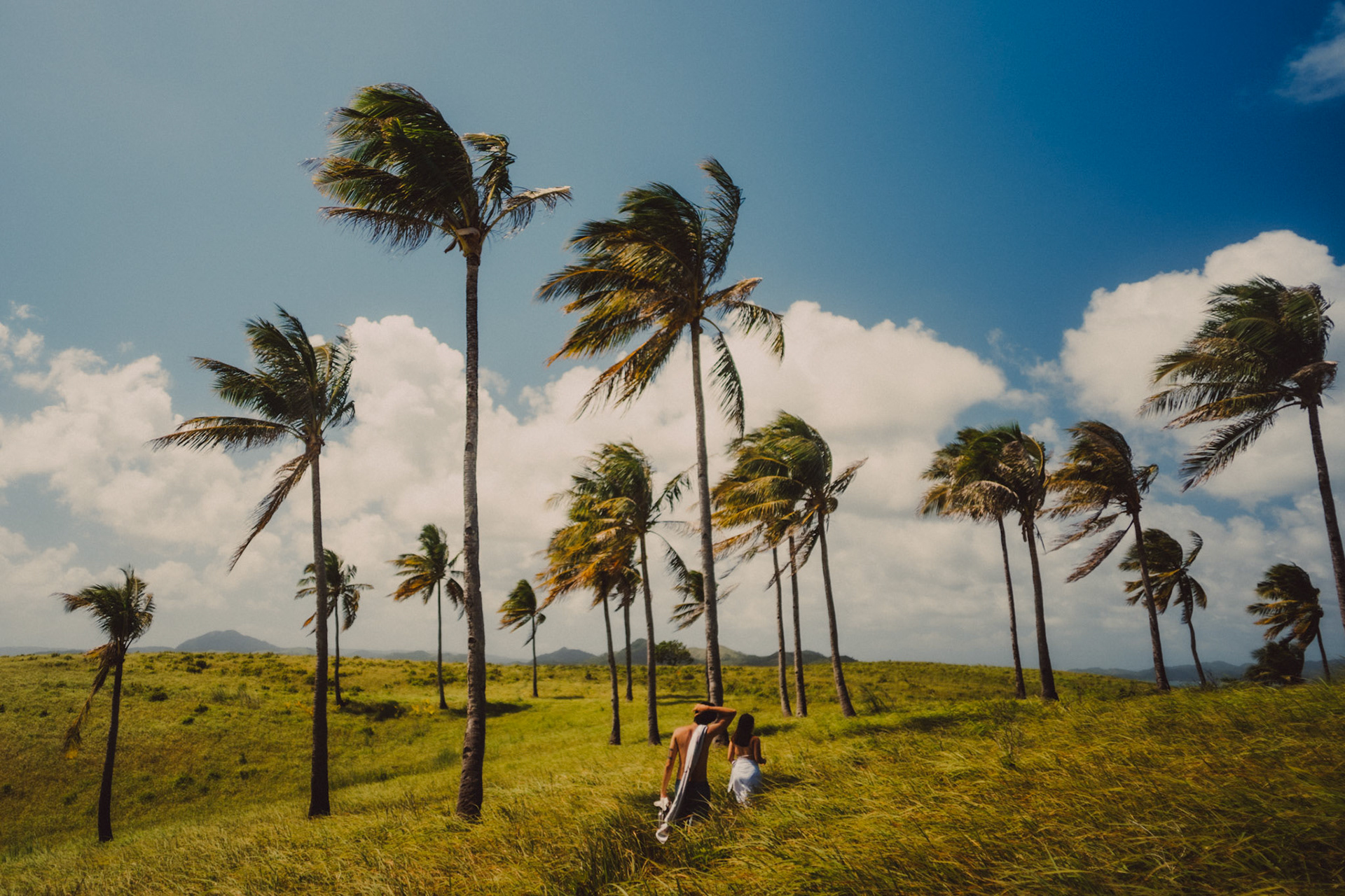 Adventure newlywed portraits with Corregidor Island's palm trees and tall cogon grass, from Jeo and Bianca's island hopping honeymoon couple portrait shoot in Surigao del Norte, Philippines, Southeast Asia, February 2020, Sony A7III