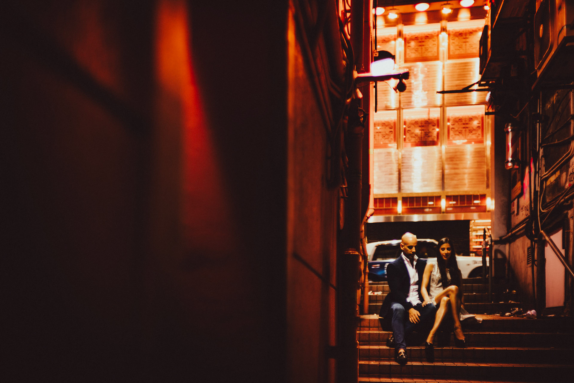A moody and intimate late night urban engagement shoot in an alleyway in Stanley Street, from Eric and Sabrina's prewedding shoot in Central, Hong Kong, April 2019, Sony A7III.