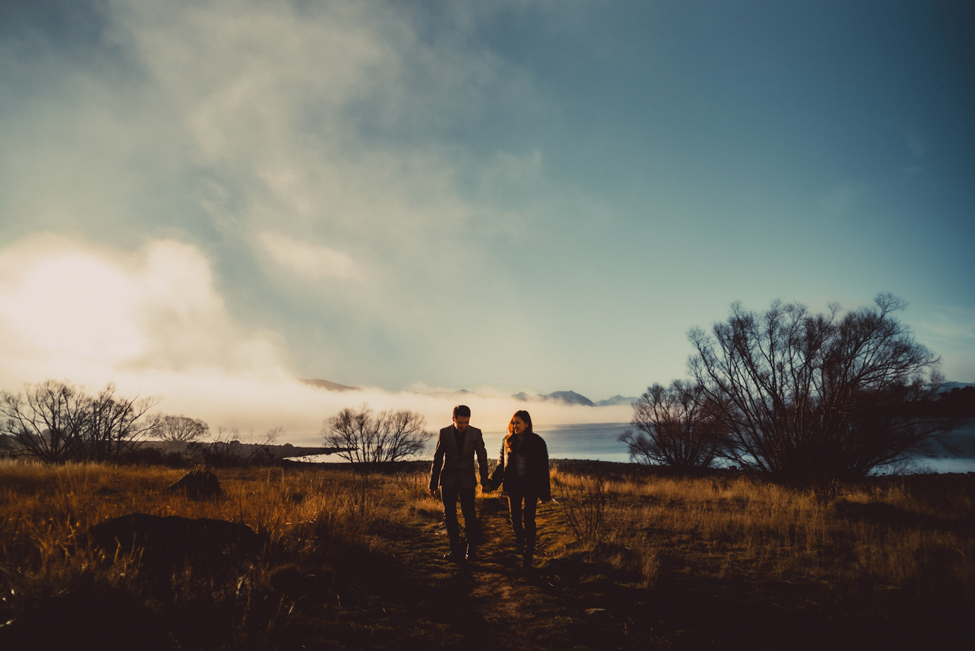 Couple pre-wedding photos beside foggy Lake Tekapo, Canterbury, New Zealand, June 2017, Sony A7SII.