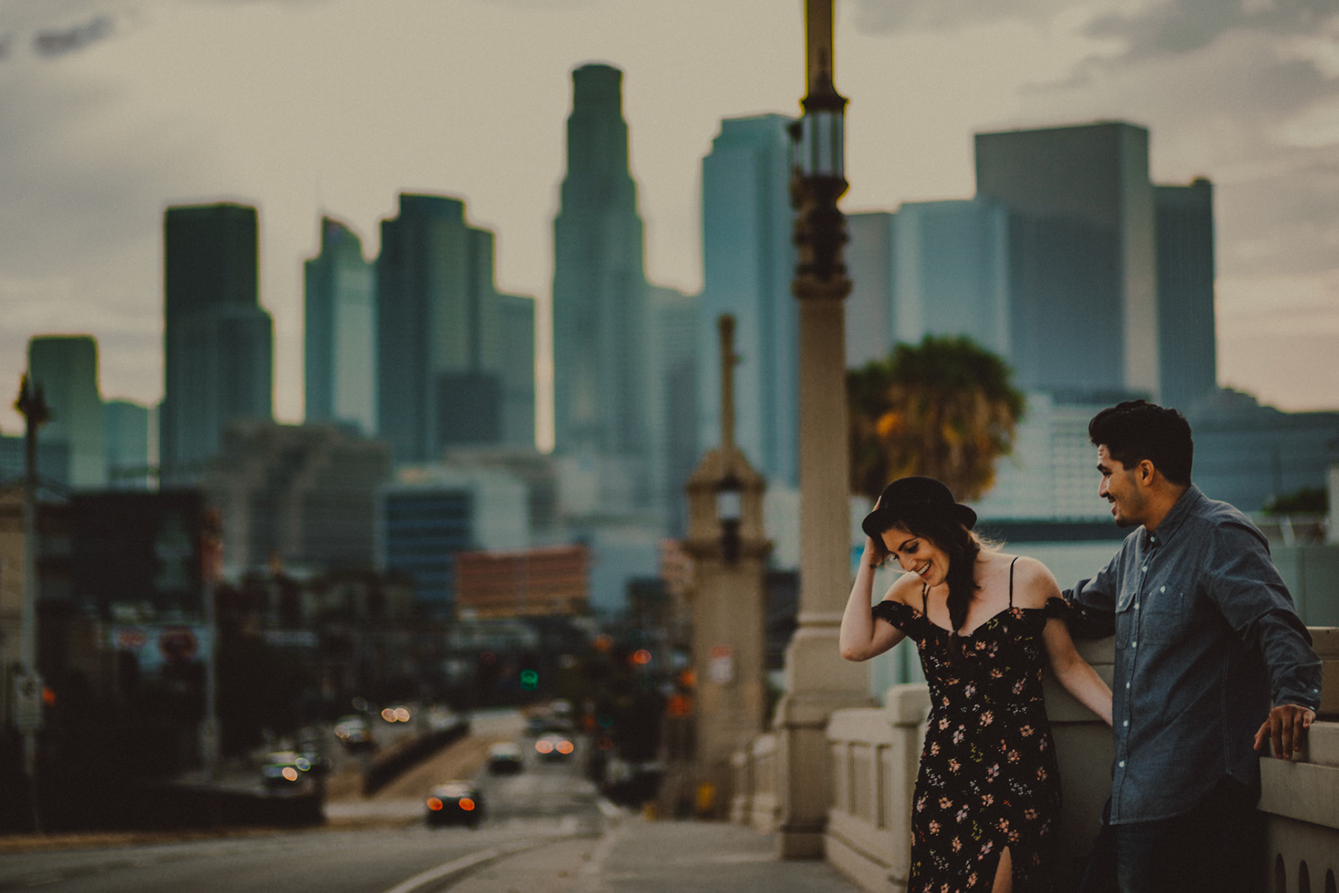 E 1st Street Bridge casual city engagement shoot in Downtown Los Angeles, California, USA, July 2018, Leica M.