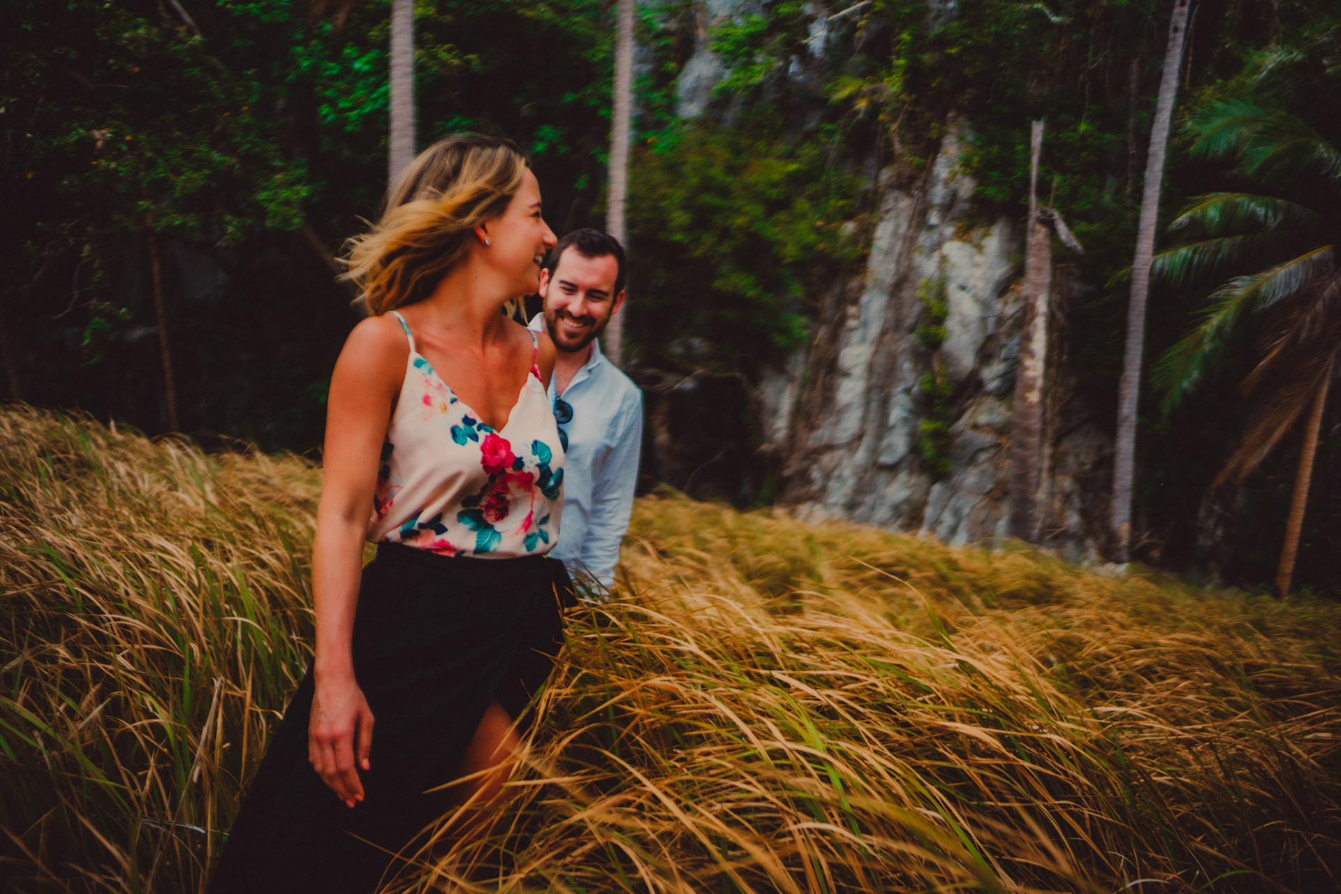 Engagement portraits between coconut trees in Pinagbuyutan Island, El Nido Palawan, Philippines, Southeast Asia, March 2019, Sony A7III.