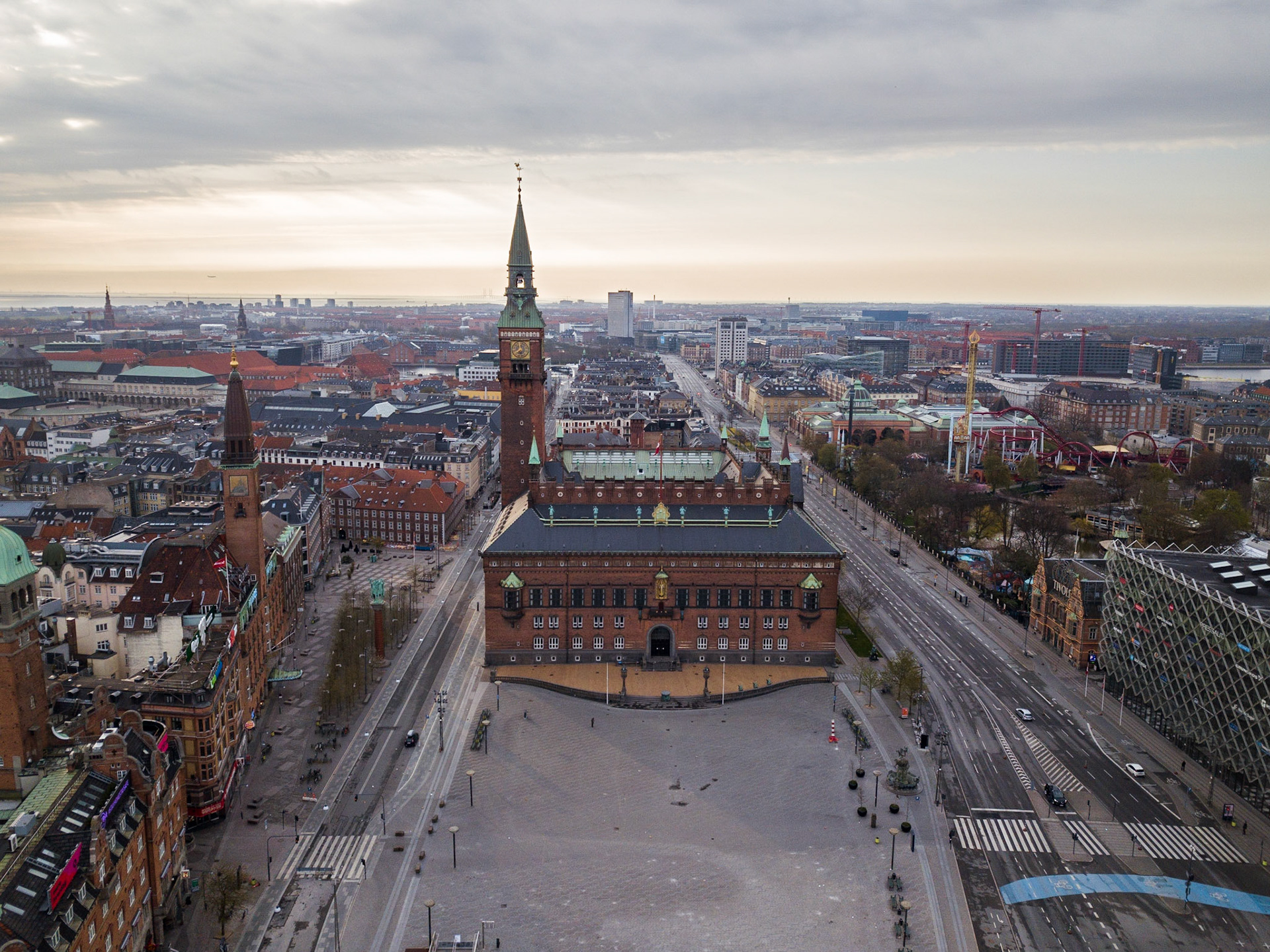 Copenhagen, Denmark - April 12, 2020: Aerial drone view of Copenhagen Town Hall.