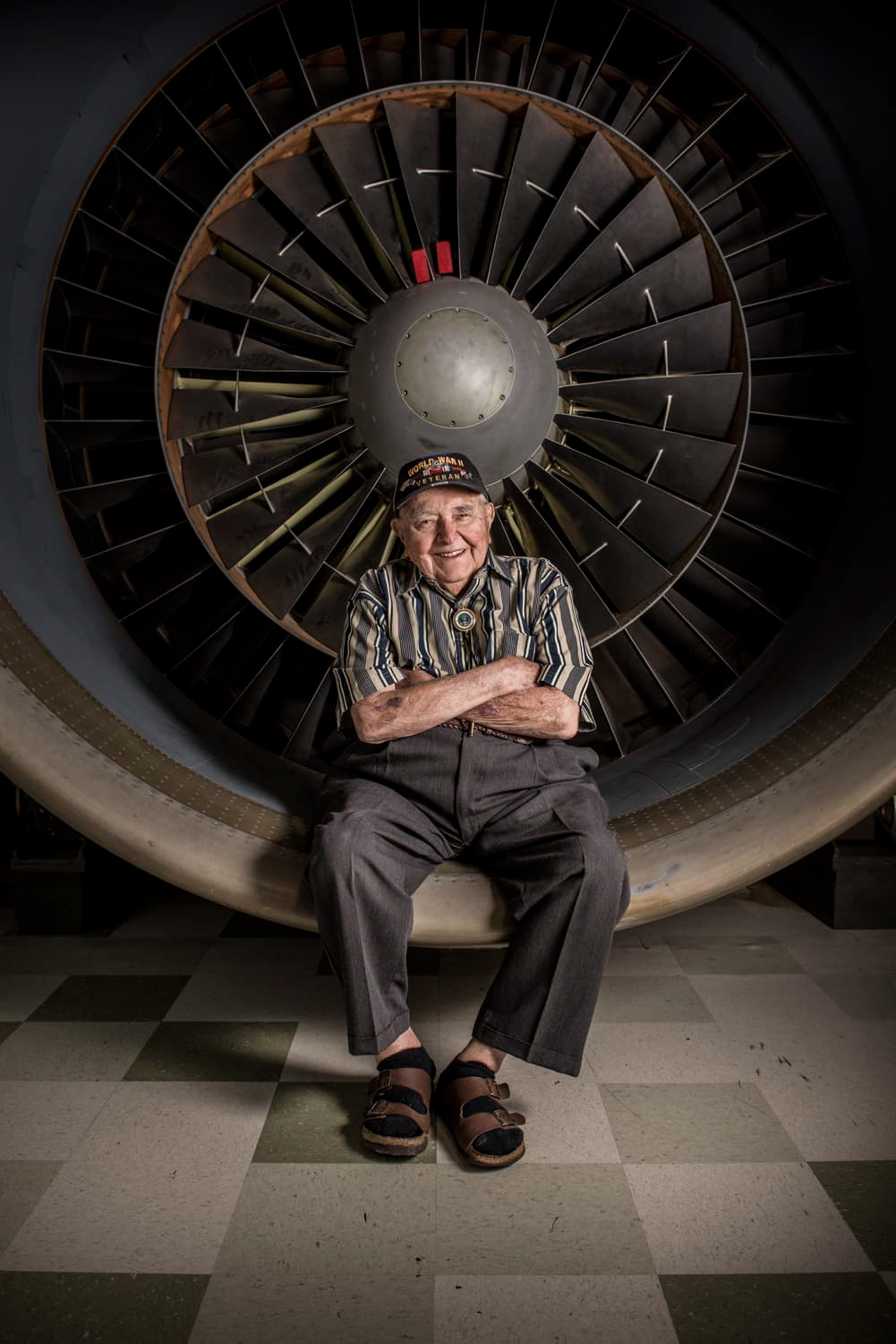 Ret. Lieutenant Colonel John Knebel sitting in C5 galaxy jet engine