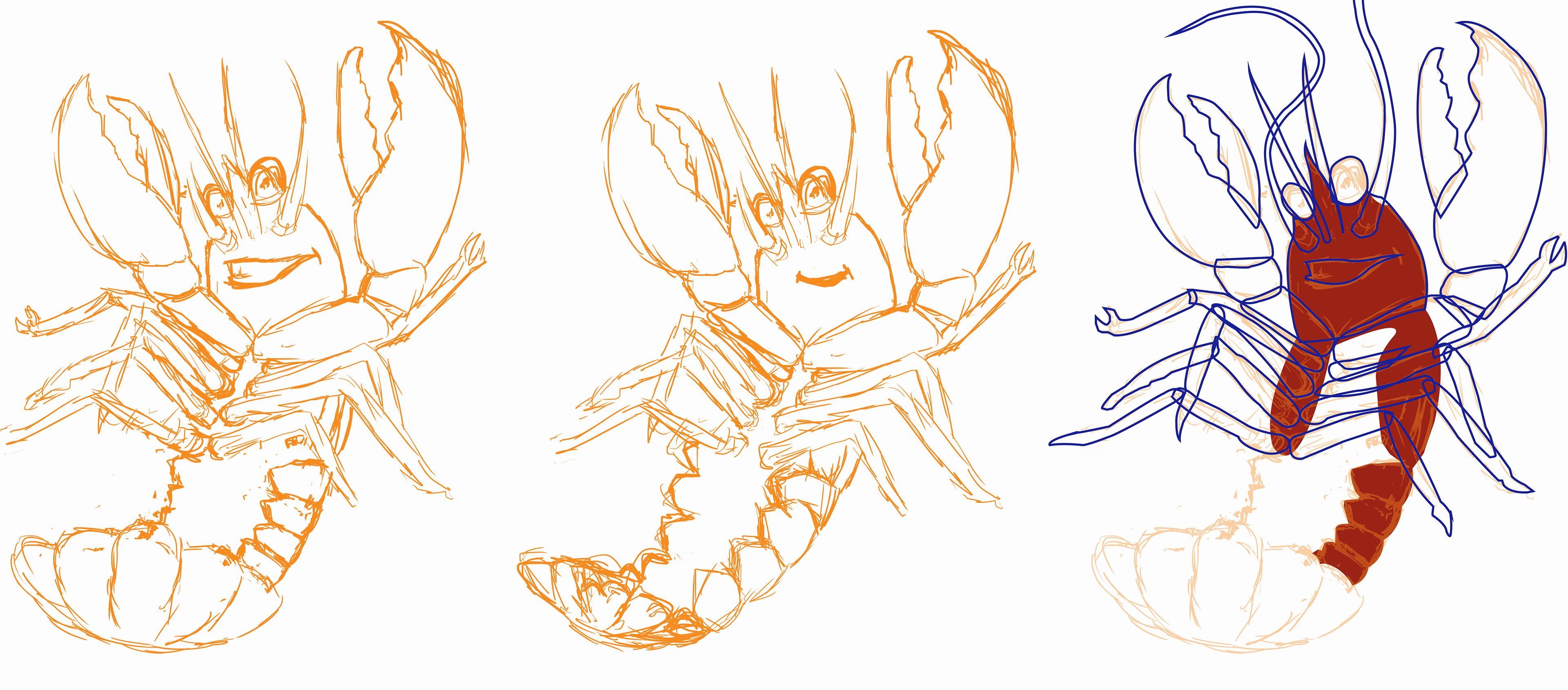 Early concepts and sketches for Lobster Spots character design.