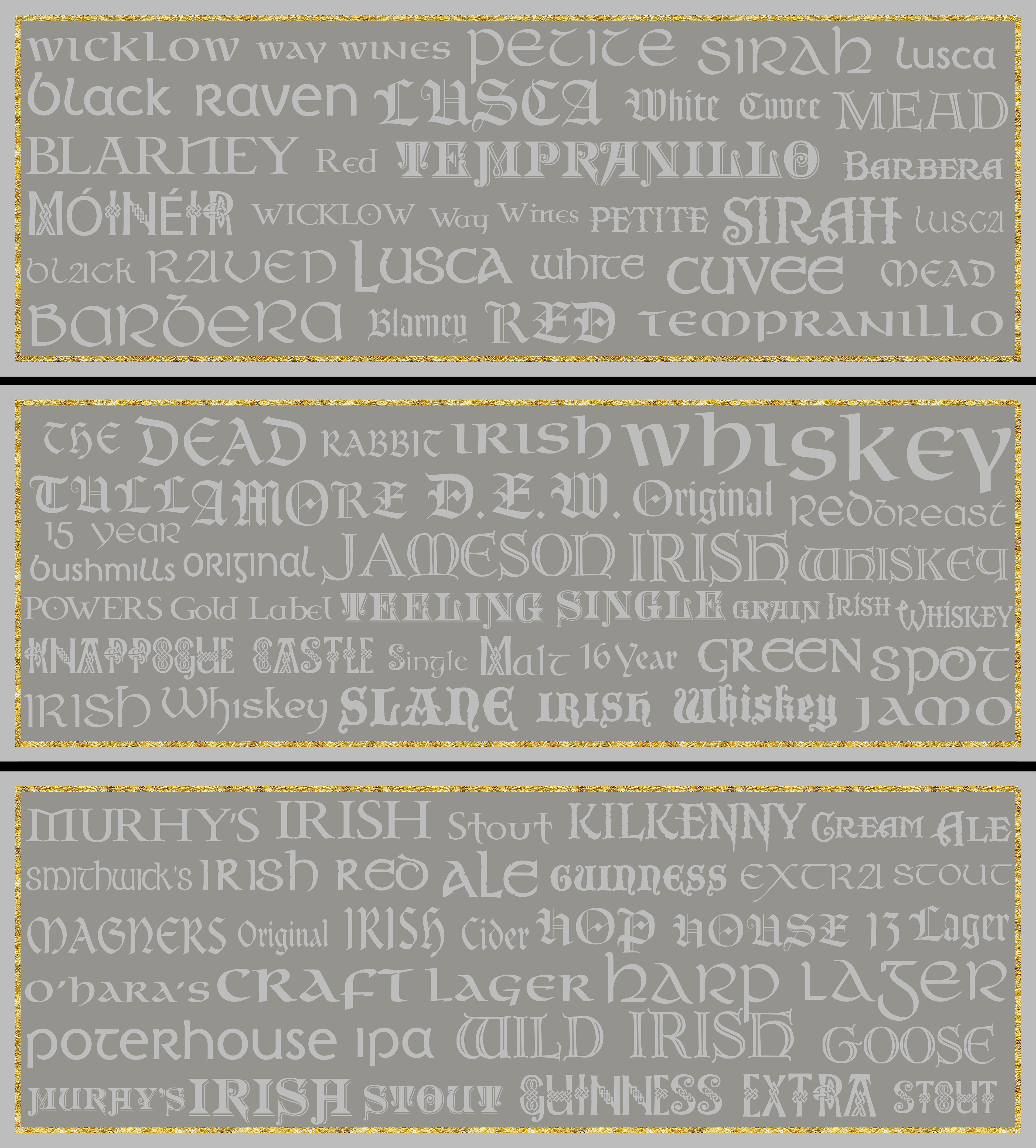 Frosted vinyl on mirror with gold leaf borders. Irish whiskey, beer, and wine themed graphics for a private bar.