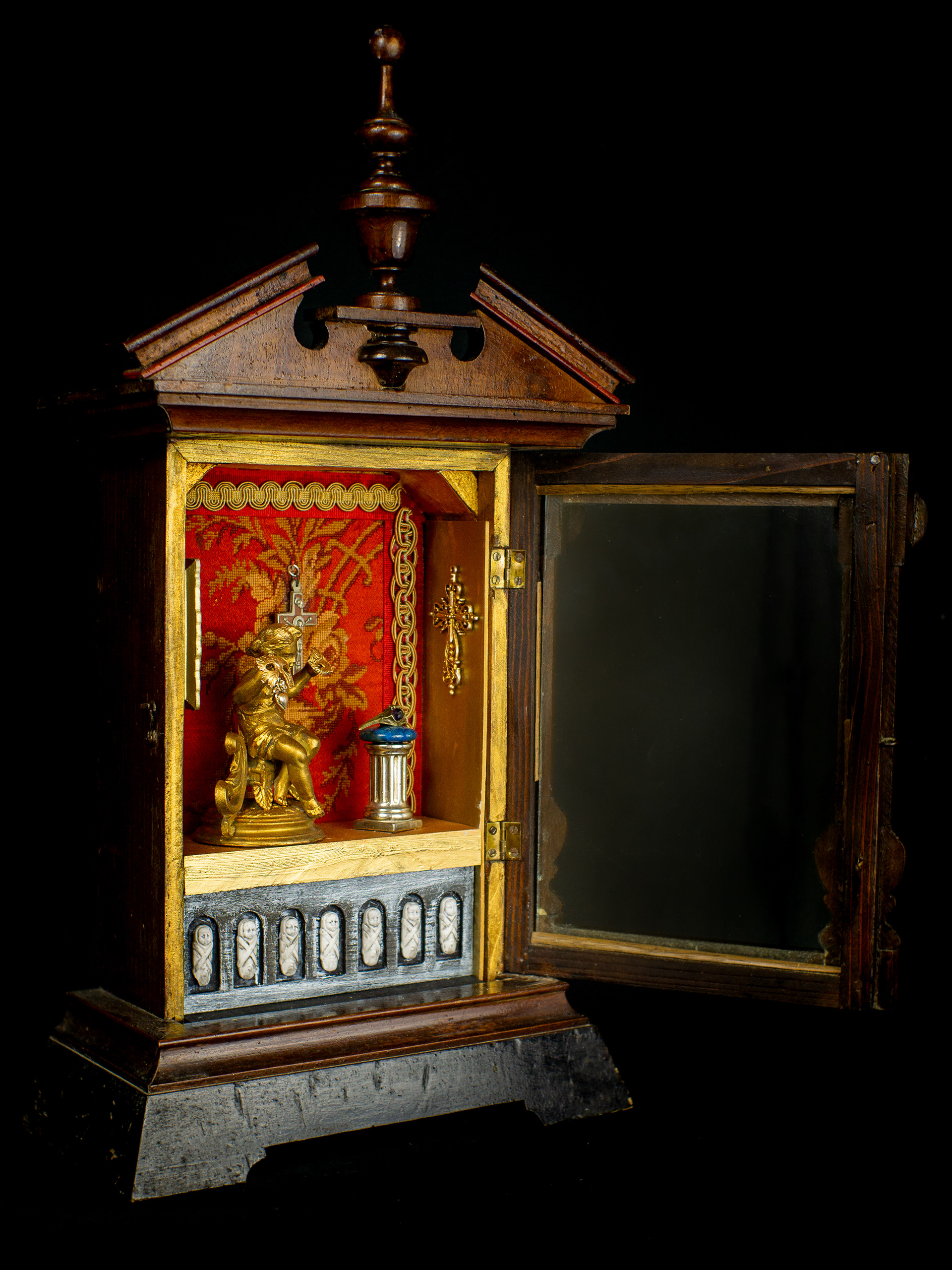 The Vanishing Act - Antique wooden case, antique gilded metal figure, silver, lapis lazuli, amethyst, bisque figures, mixed metals, vintage and antique textiles. 50 x 26 x 13