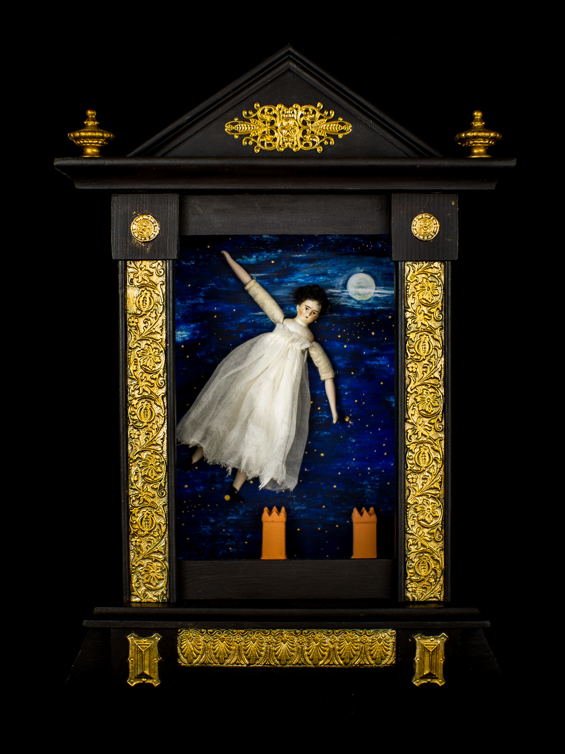 Learning To Fly - Antique wooden case, antique miniature bisque doll (German 1880), silk, clay, paint. 44 x 30 x 14