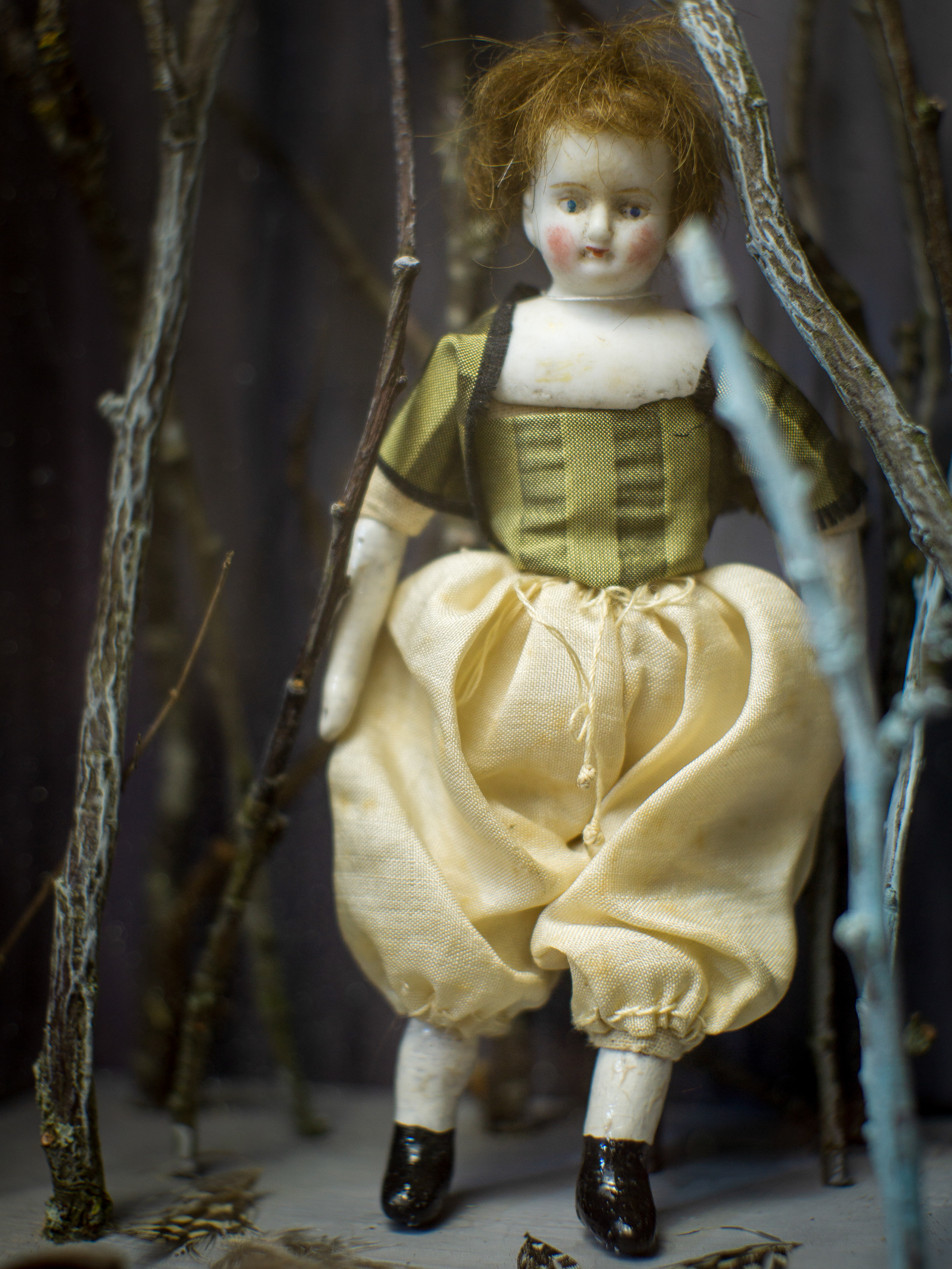 Lost - Antique wooden case, antique miniature bisque doll (German 1880), silk, cherry wood, feathers. 50 x 27 x 14