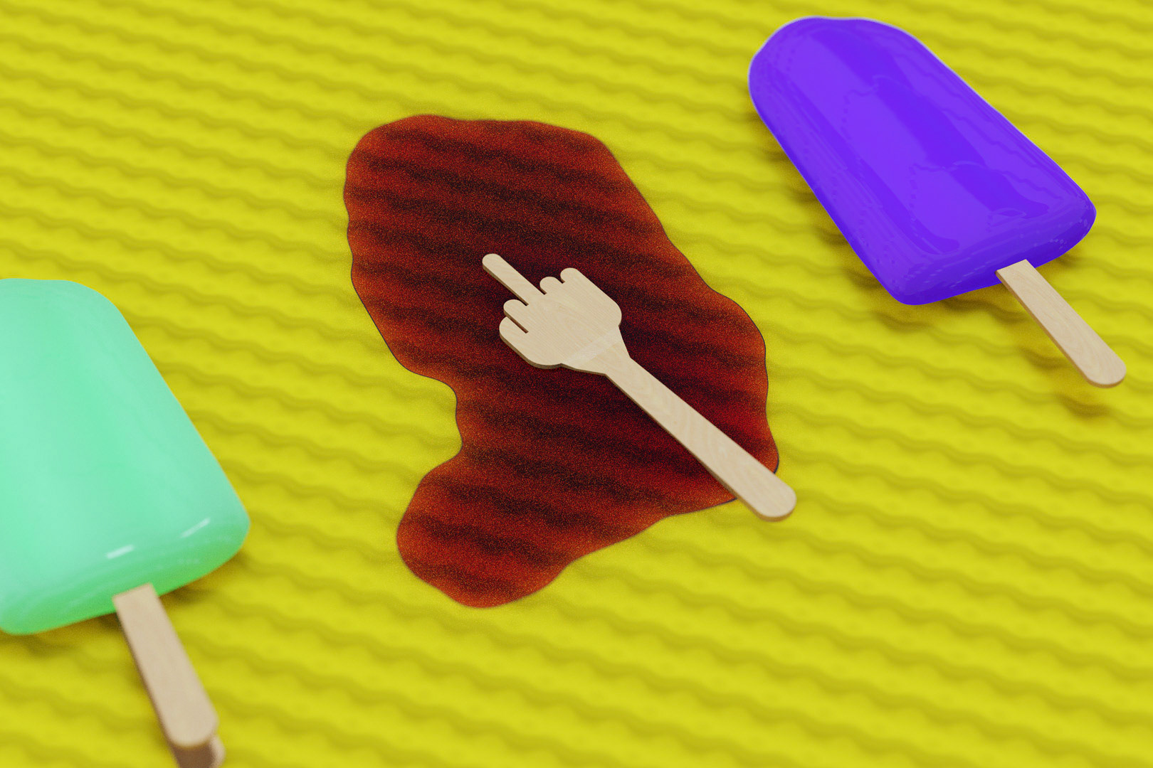 An ice lolly melts and reveals a middle-finger-shaped wooden handle
