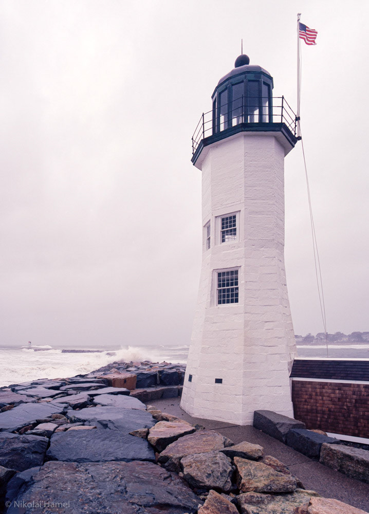 Scituate Light in a Storm 1. Pentax 645N, Kodak Ektar 100-120. 50mm F8, 1/250", UV