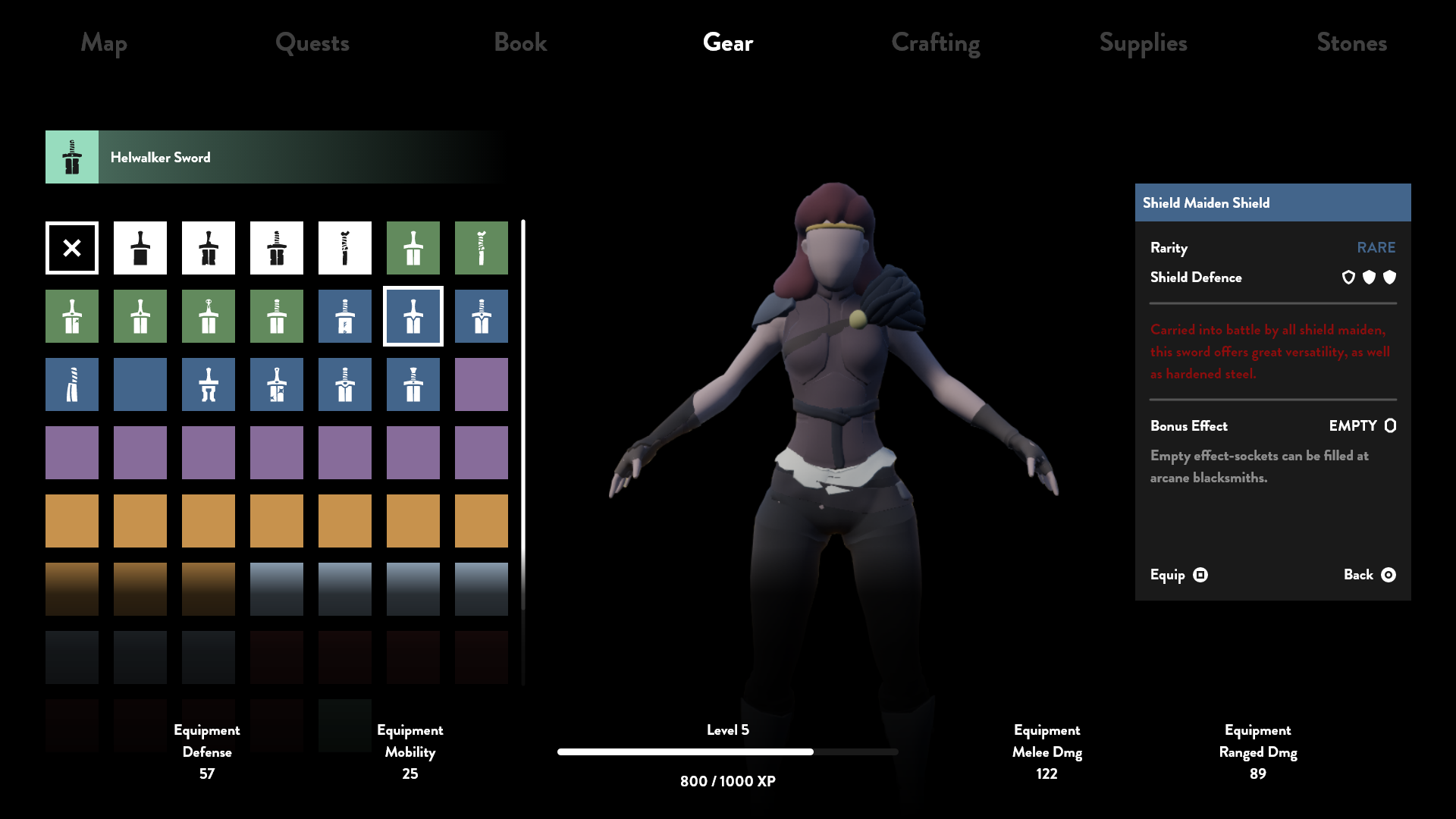 Equipment-Screen for the Sword - it was important to have a clearly readable grid view, along with an information-popup which shows info on the currently selected item