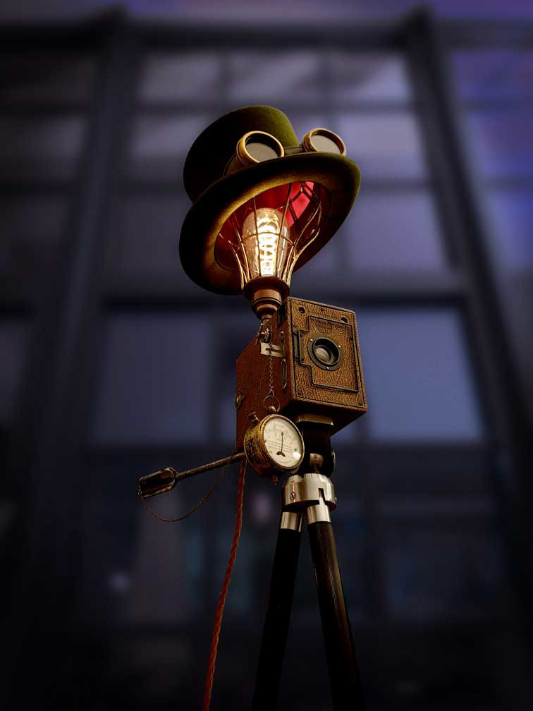 Handmade Upcycled Vintage 1920s Camera Steampunk Top Hat Tripod Lamp