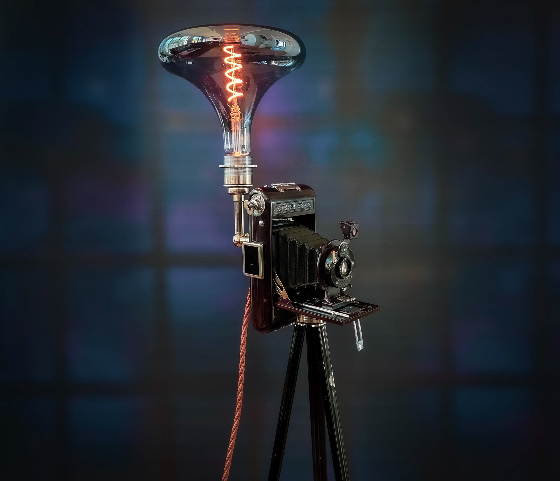 Upcycled Vintage Folding Camera Designer Tripod Lamp