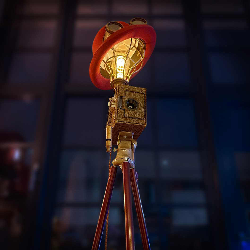 Red bowler hat & steampunk metal goggles lampshade