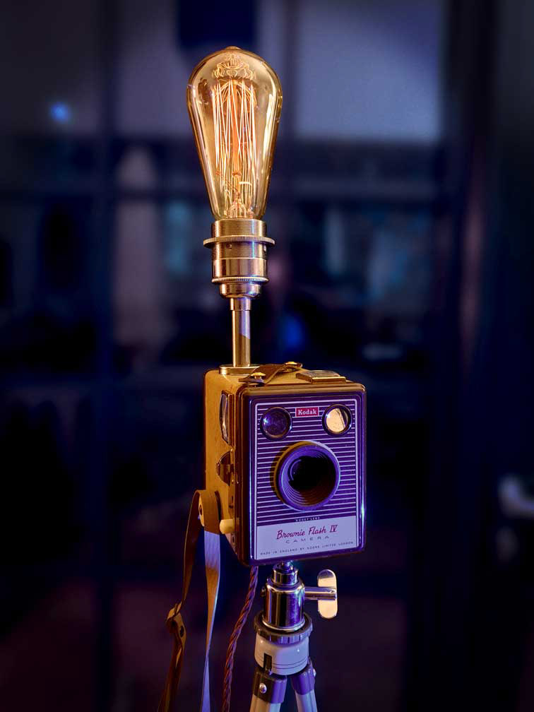 Vintage Kodak camera repurposed as a lamp