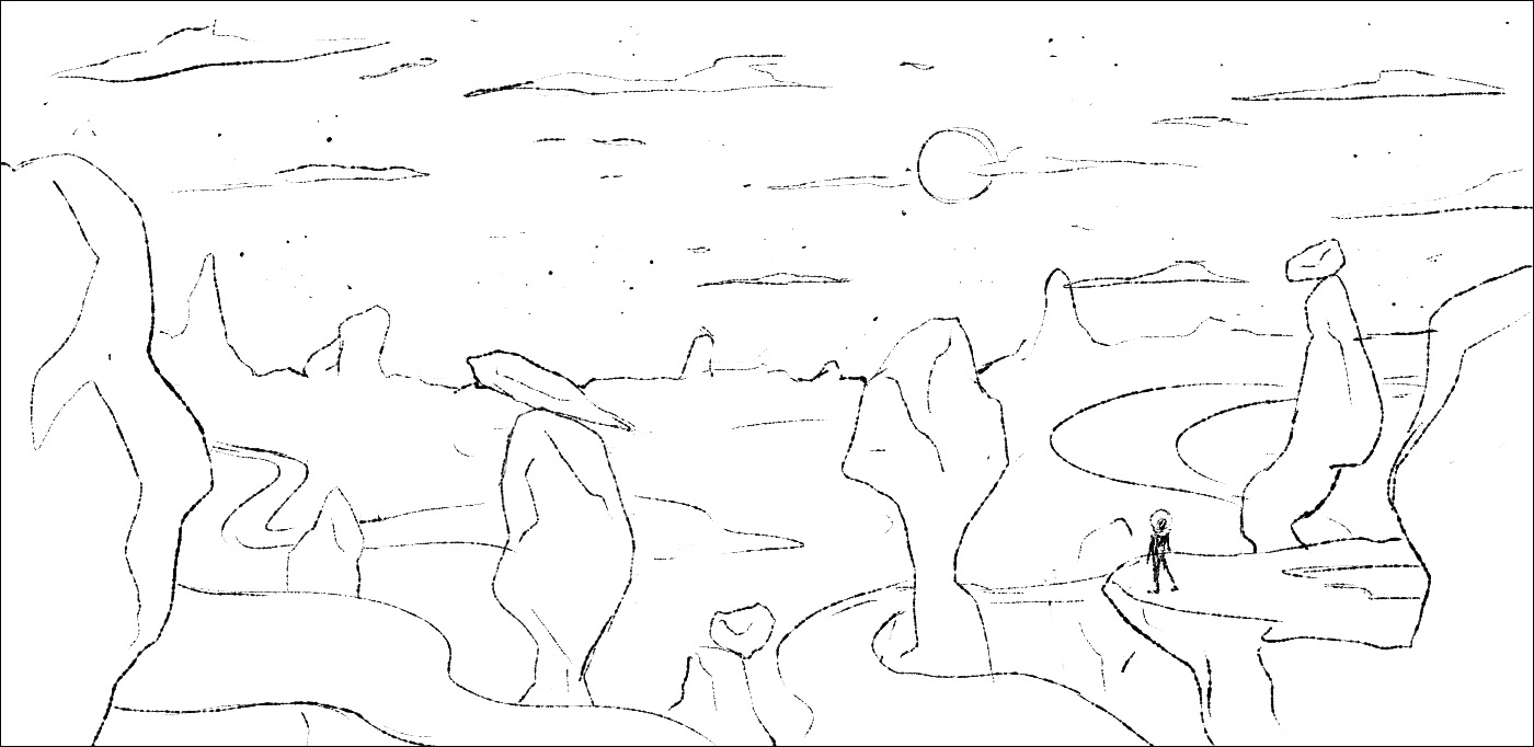 Astronaut overlooks a fog-filled planet with seemingly impossible structures. The sky is filled with clouds and the moon is distant.