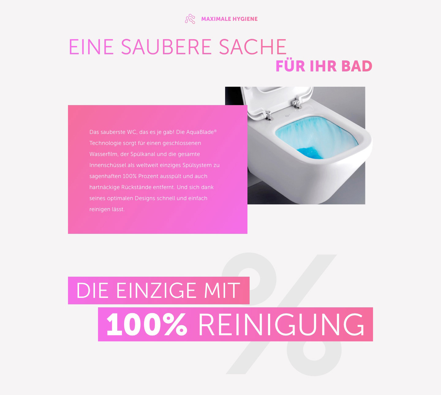 Desktopansicht. Thema maximale Hygiene auf der Aquablade Website.