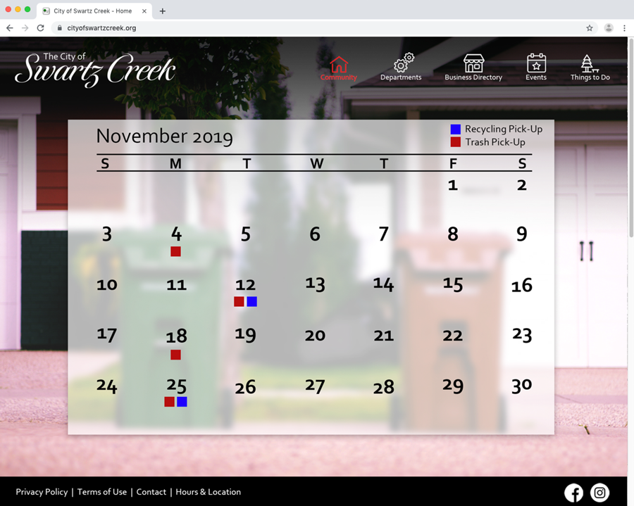City of Swartz Creek - Website Redesign Mock Up, Trash Pickup Schedule