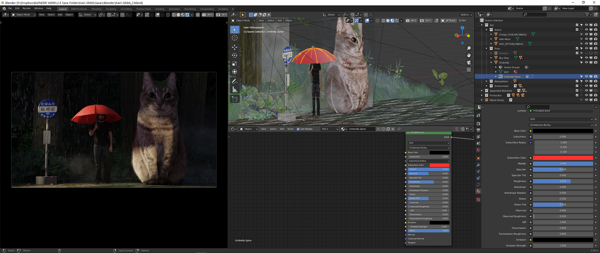 A Blender screen cap of the material viewer showing the projected cat image on top of my quick sculpt.