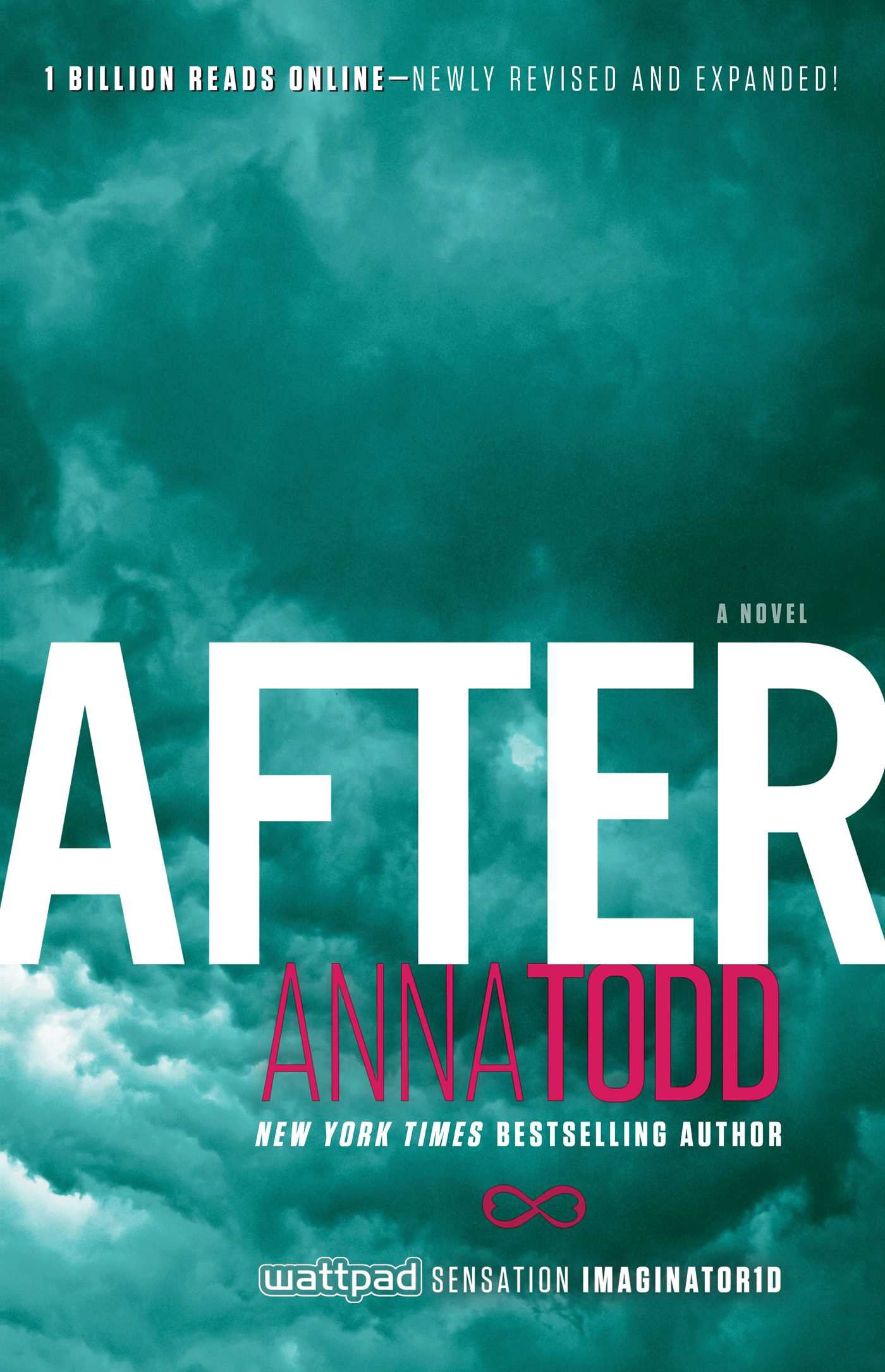 Book cover: After is in big white letters with a turquoise cloudy background.