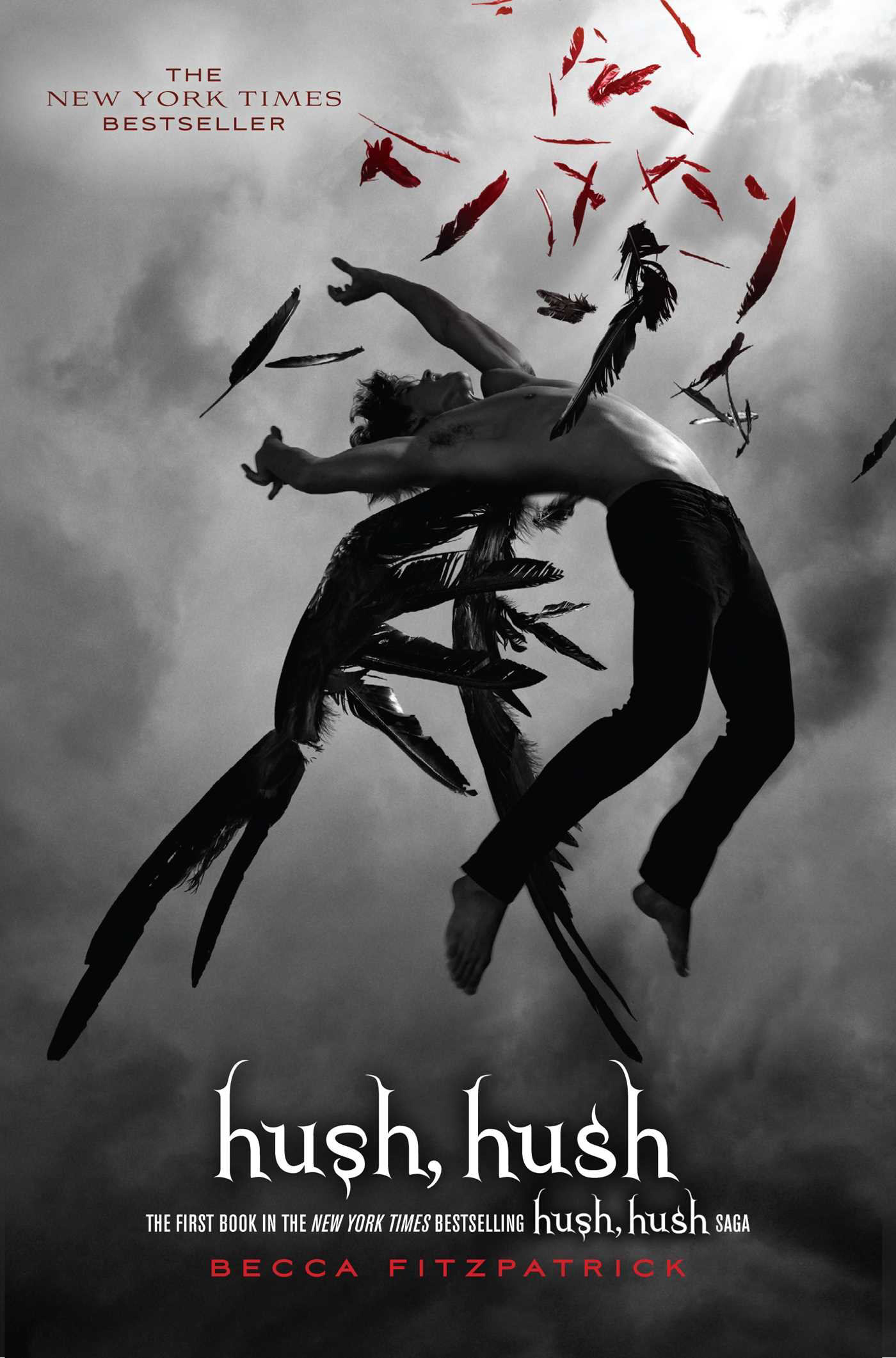 Book cover: A man is shirtless in black jeans floating in the air with his back arched and black wings coming out of his back. There are black and red feathers floating around him.