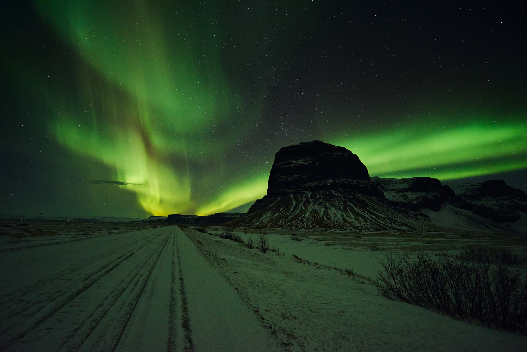 Green and yellow northern lights in Iceland