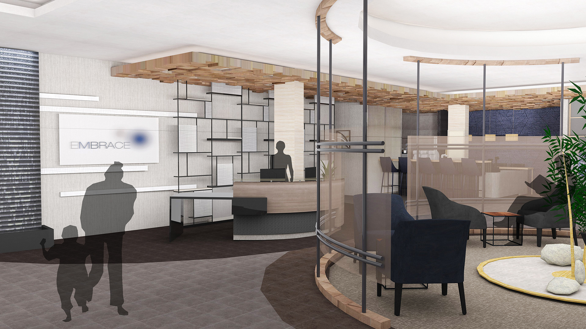 View from the elevators, looking reception, bar, and lobby lounge
