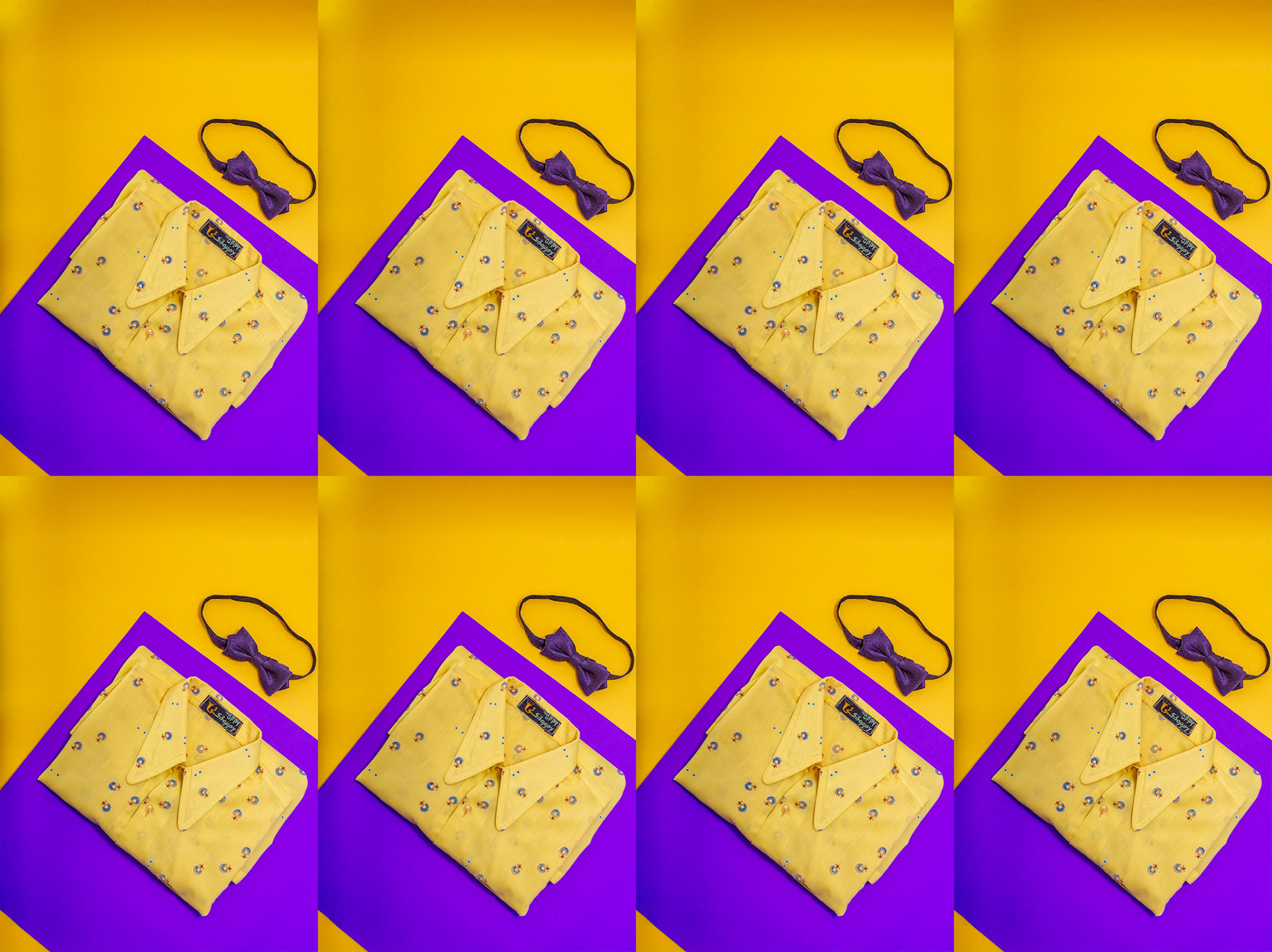 Yellow shirt and purple bowtie at new wave colorful purble yellow studio background. Camisa amarela e gravata borboleta roxa em fundo colorido geometrico amarelo e roxo de estúdio. colorful, vibrant, product, still photography, photo studio, artificial lighting, marketing, collection. arte, colorida, vibrante, foto still, produto, estúdio fotografia, luz flash, flash, propaganda, comercial, coleção. rio de janeiro, moda, site, ecommerce, fashion, trend