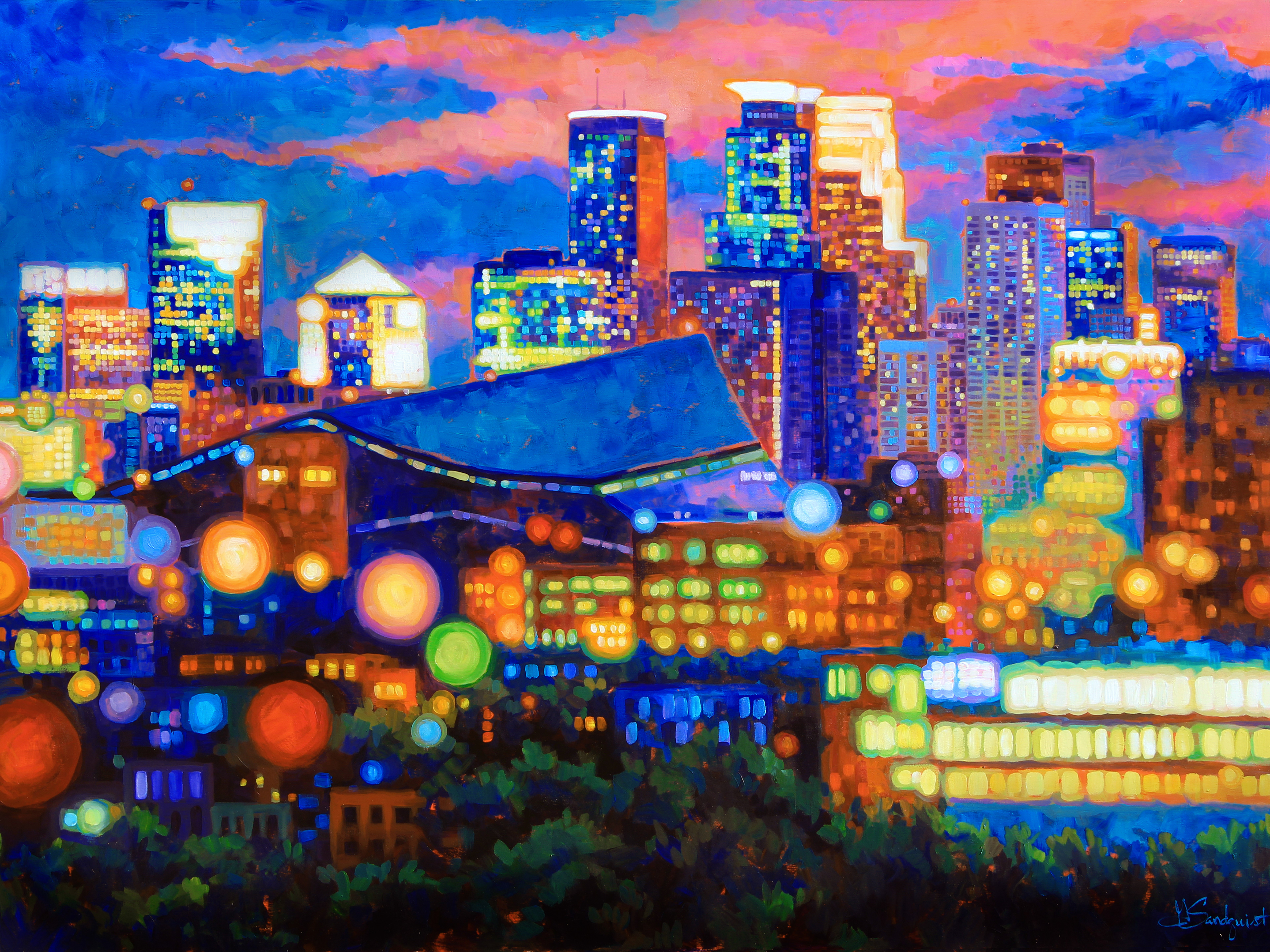 minneapolis cityscape sunset downtown twilight usbankstadium gretasandquist gretasandquist.com paintings saintpaul studio twincities acrylic art artist bright color fineart gallery impressionist impressionistic minneapolis painter sandquist stpaul greta minnesota prints gingerstreetstudio gingerstreetstudio.com facebook.com/GretaSandquist