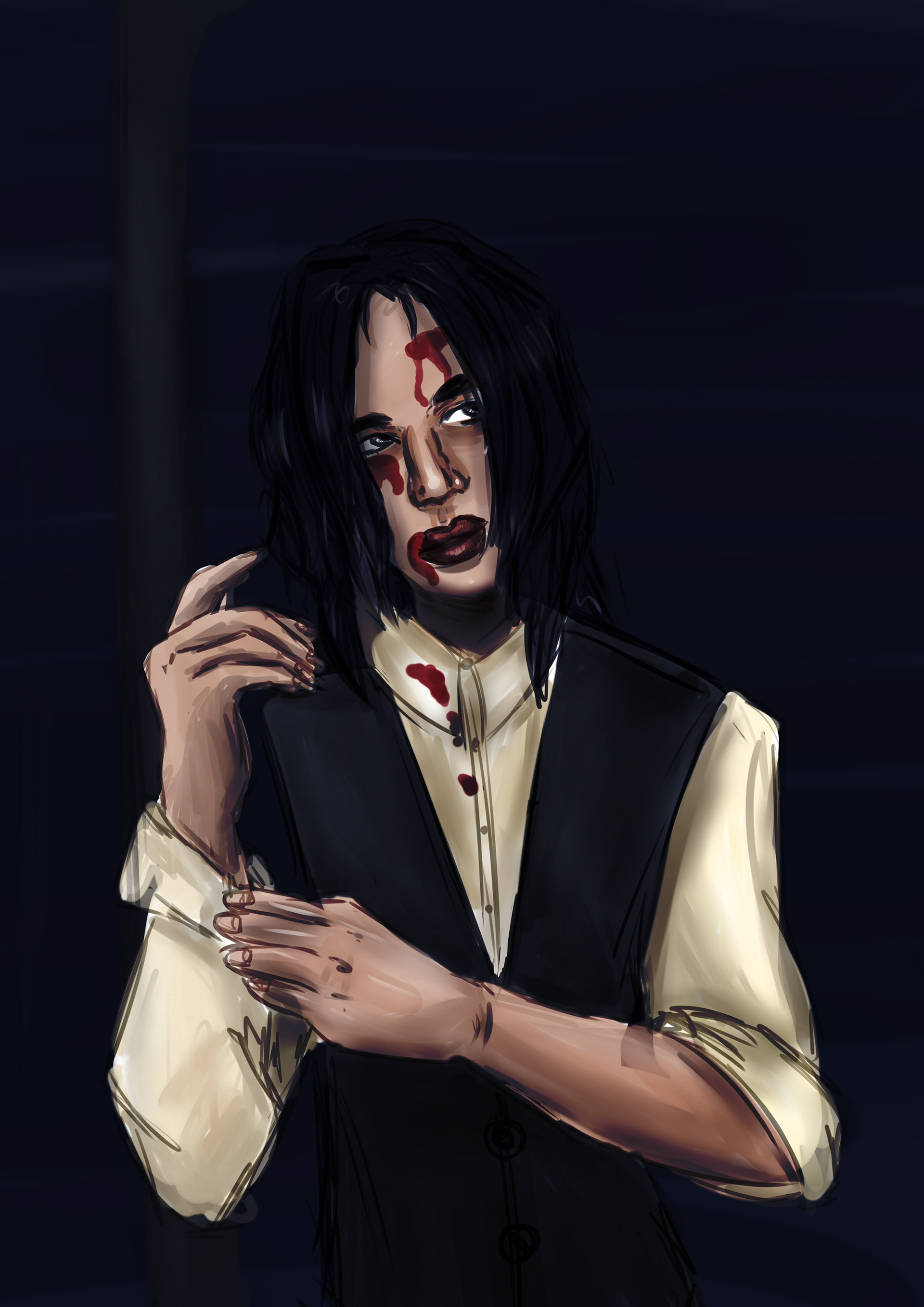 I went a more paint like way here, shading heavily and making it dark. I also tried to make it a little less like a cartoon.