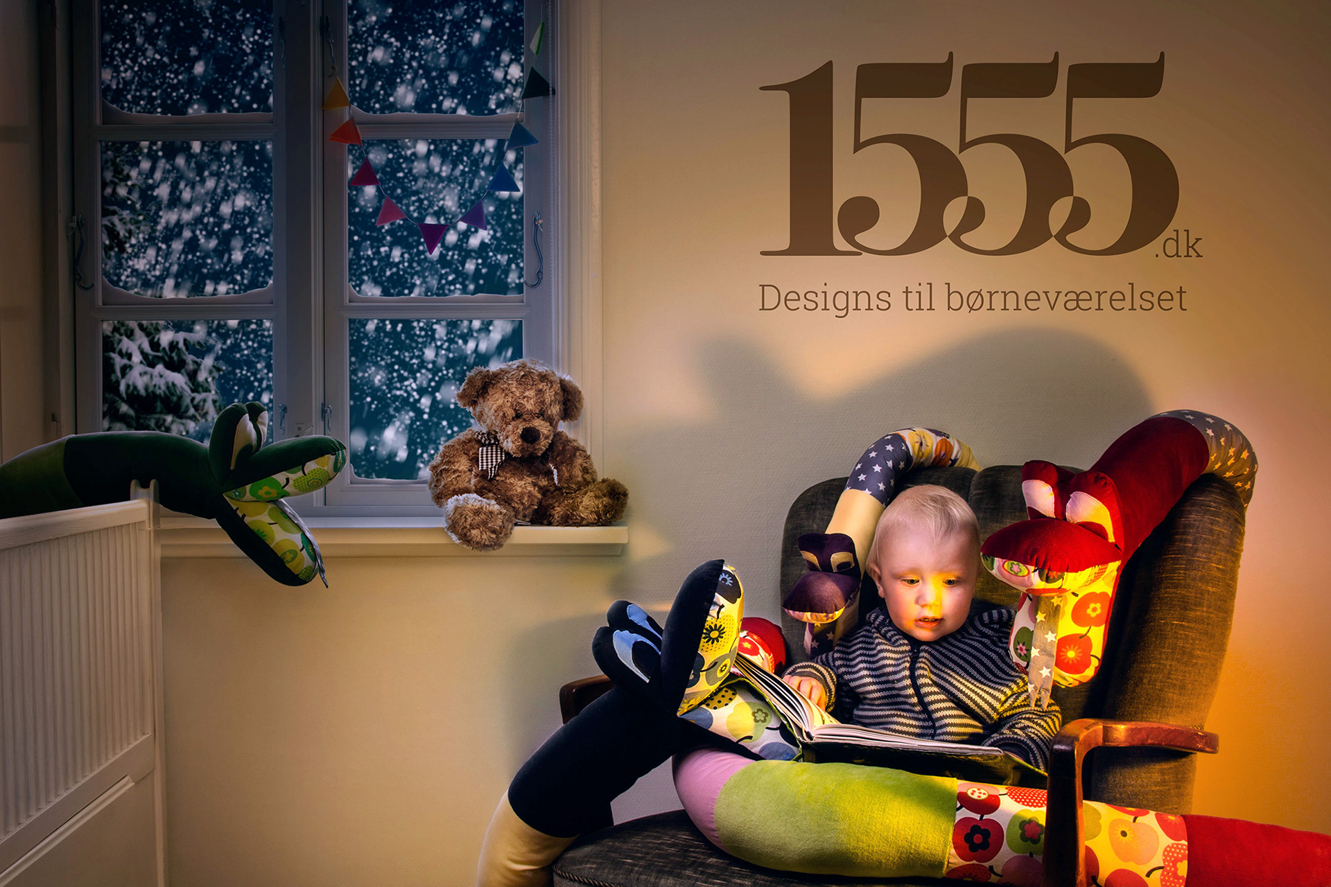 Boy in cozy company by all his teddies
