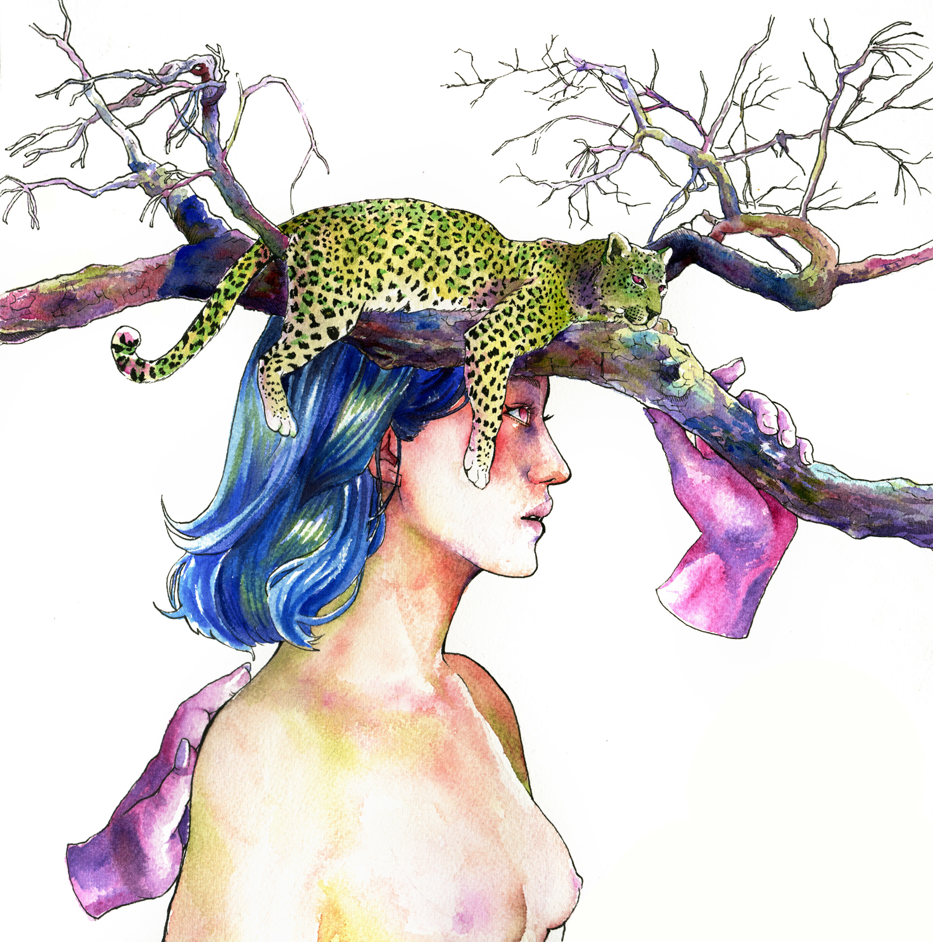 Surrealist watercolor painting of frightened nude Asian woman holding a tree branch with a green leopard sitting upon her head.