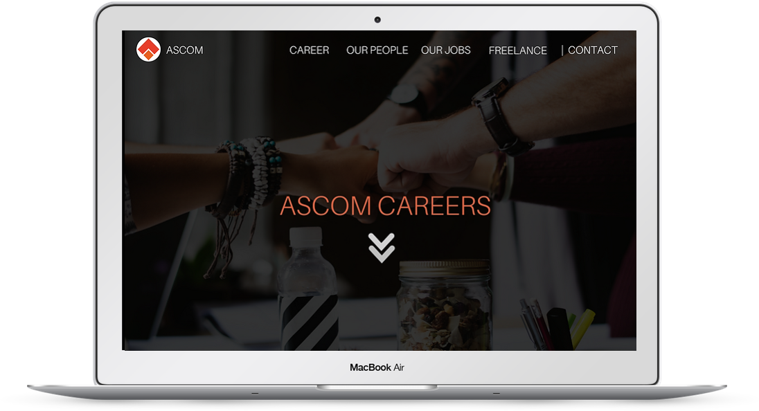 homepage of the Ascom website, with a full size image and a call to action button