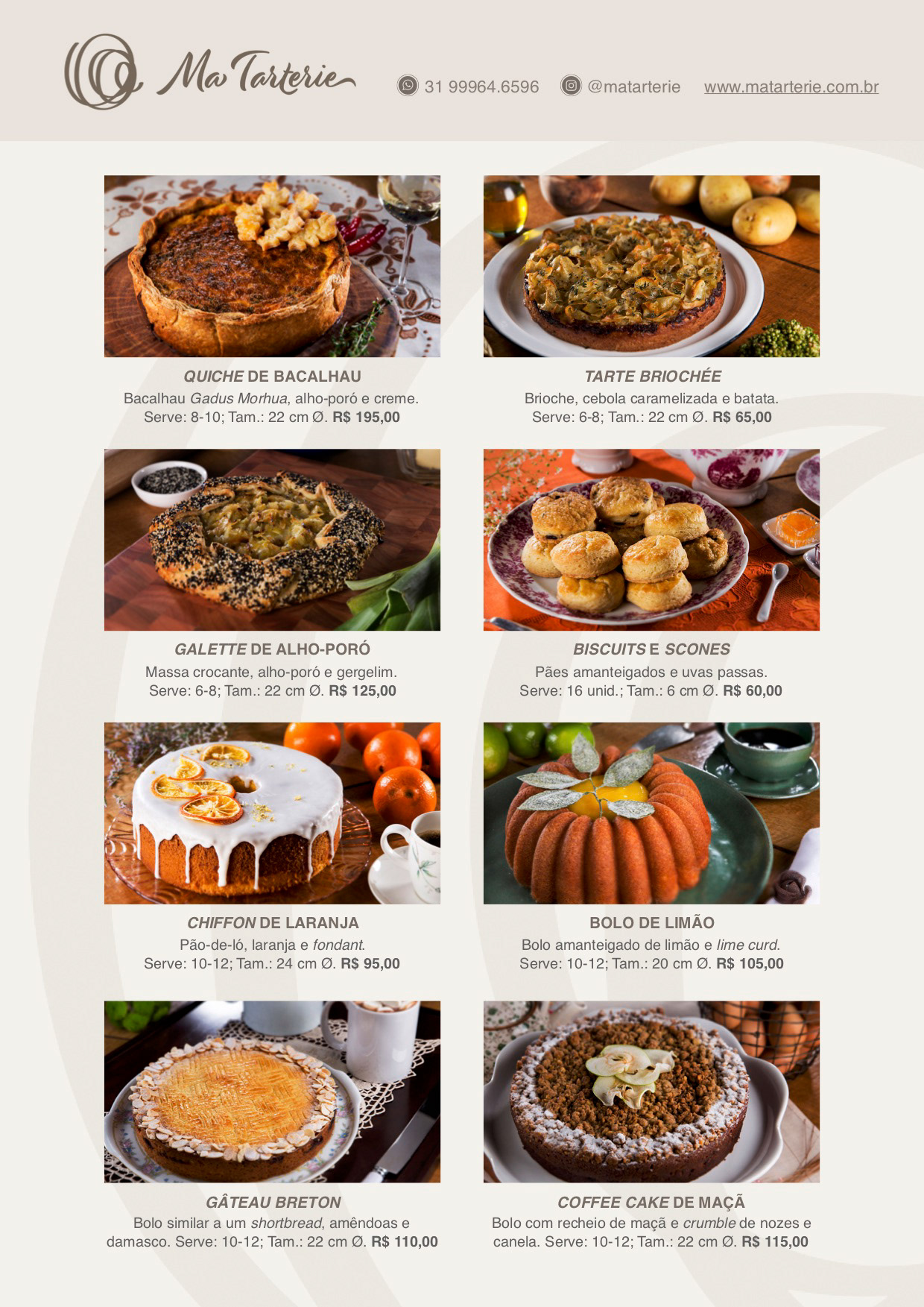 One of the two pages of Ma Tarterie's digital menu, to be sent by email and messaging apps. This page shows half of the menu.